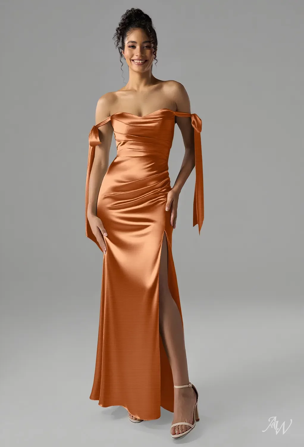 AW.Bridal Bridesmaid Dresses Stretch Satin Sweetheart Neckline Floor Length Sleeveless Off the Shoulder Bows Ruching Split Dress Butterscotch Size 16