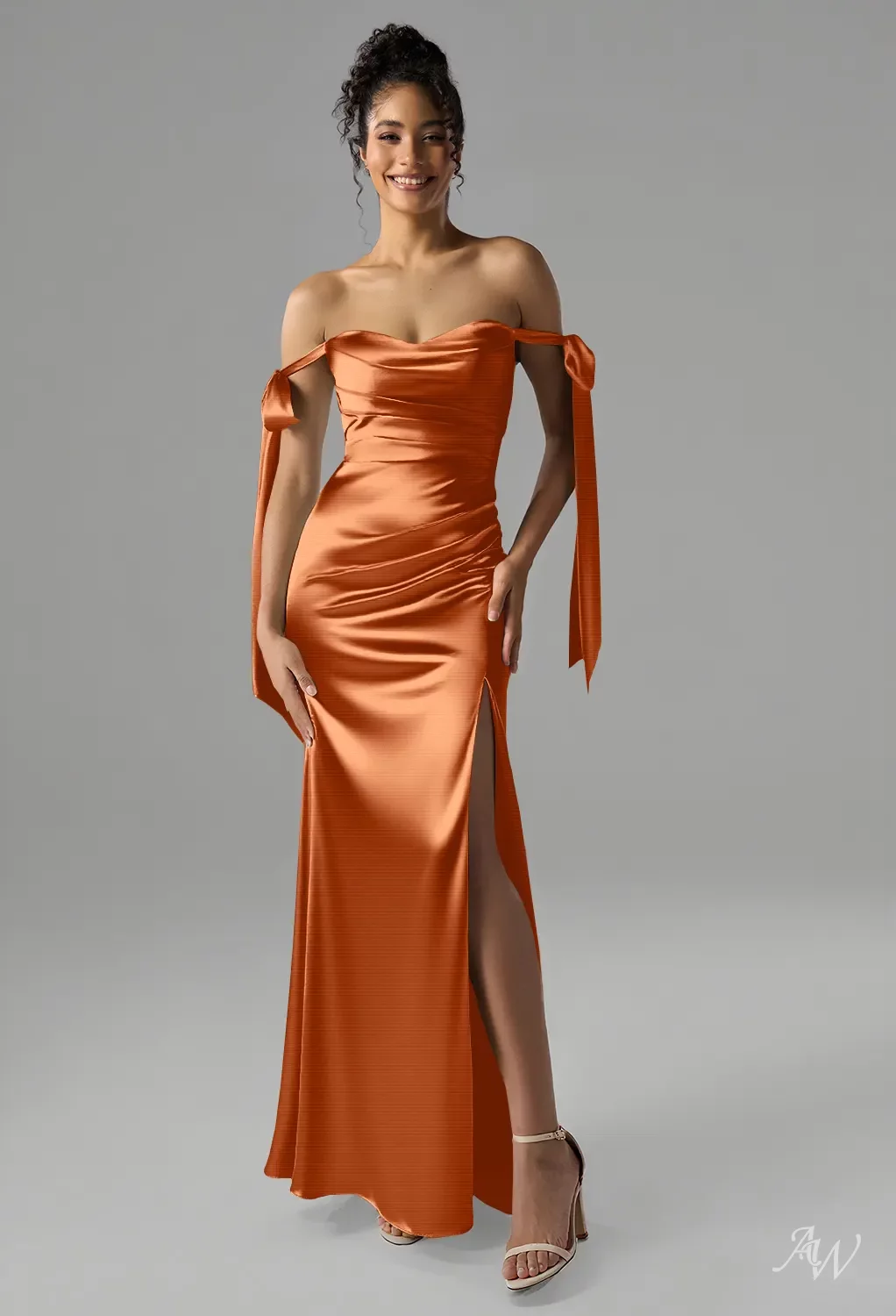 sunset orange bridesmaid dresses AW.Bridal Bridesmaid Dresses Stretch Satin Mermaid Sweetheart Neckline Floor Length Sleeveless Off the Shoulder Bows Ruching Split Dress Sunset Size 8