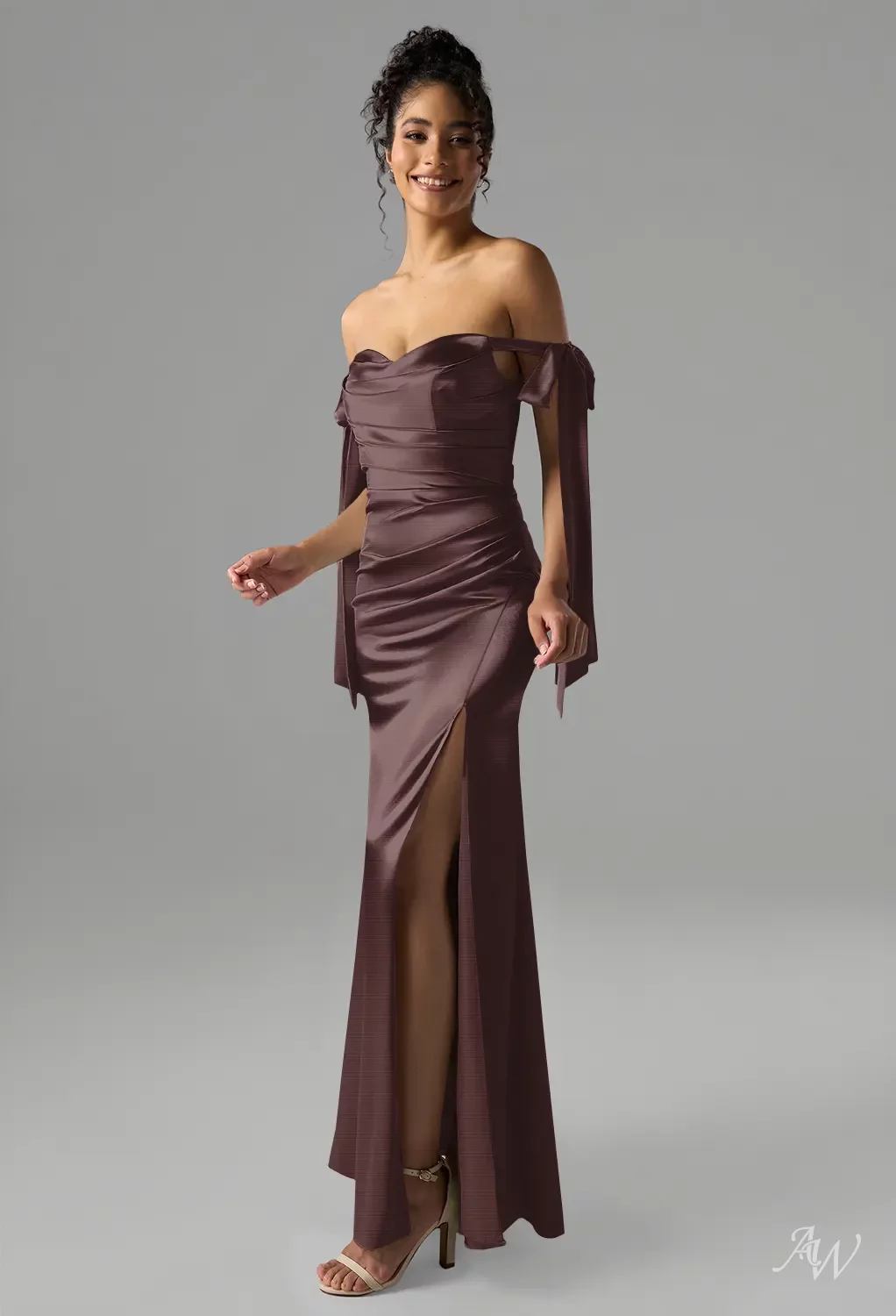 satin stretch bridesmaid dresses AW.Bridal Mermaid Sweetheart Neckline Floor Length Sleeveless Off the Shoulder Bows Ruching Split Dress Tan Size 8 Bust 85cm