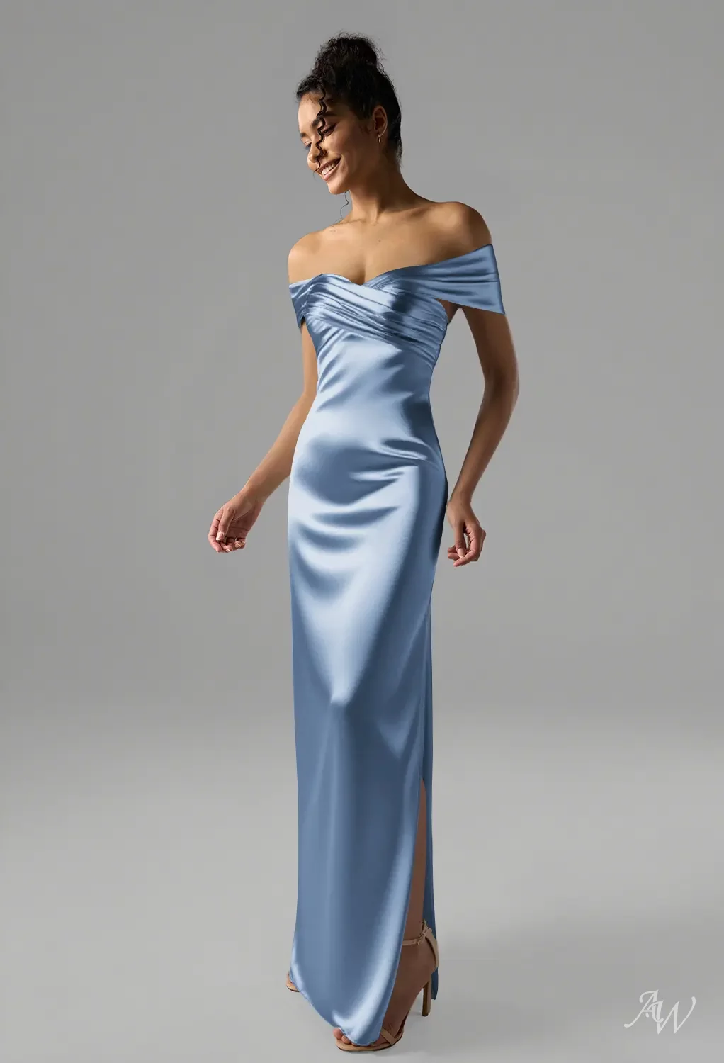 AW.Bridal Bridesmaid Dresses Crystal Satin Column Off the Shoulder Floor Length Sleeveless Off the Shoulder Dress Baby Blue Size 18