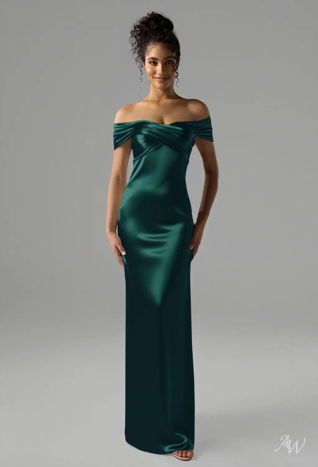AW.Bridal Bridesmaid Dresses Crystal Satin Column Off the Shoulder Floor Length Sleeveless Off the Shoulder Dress Hunter Green Size 16