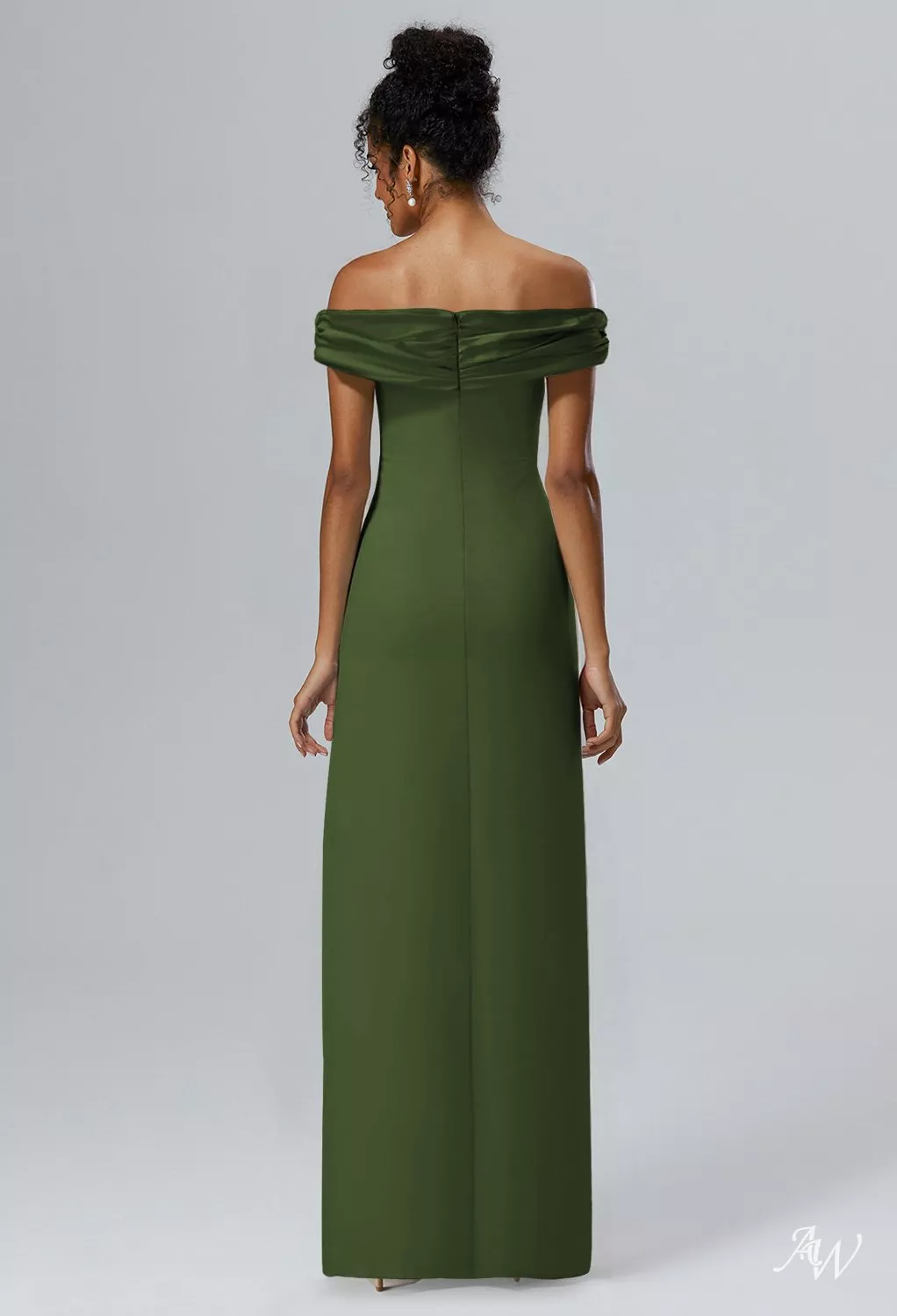 slim fit dress slacks Elegant olive off-the-shoulder silk maxi dress