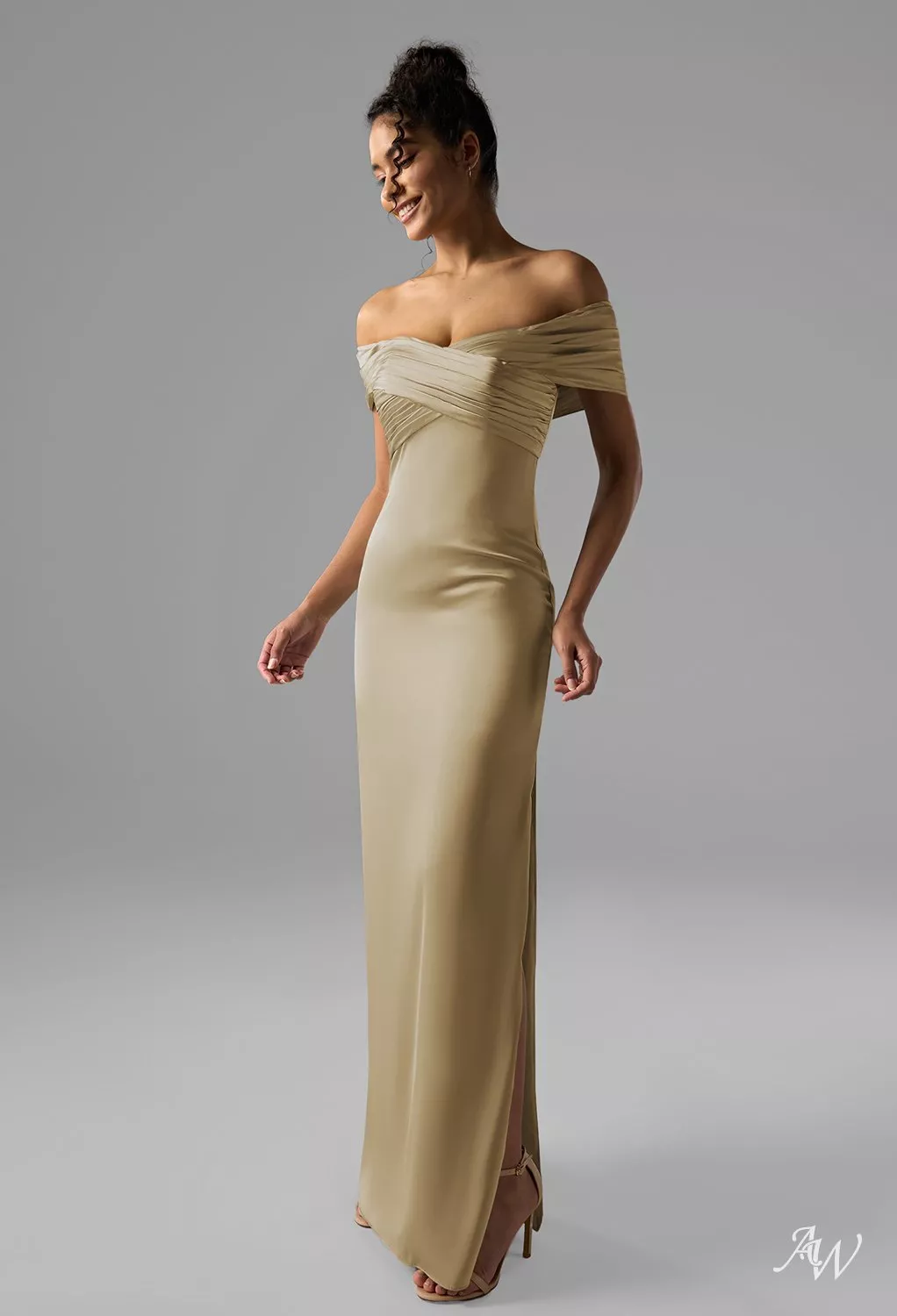 AW Meghan Dress, Baby Blue Crystal Satin Satin Charmeuse Stretch Satin  Stretch knitted fabric Floor Length Off the Shoulder Bridesmaid Dresses |  AW.Bridal