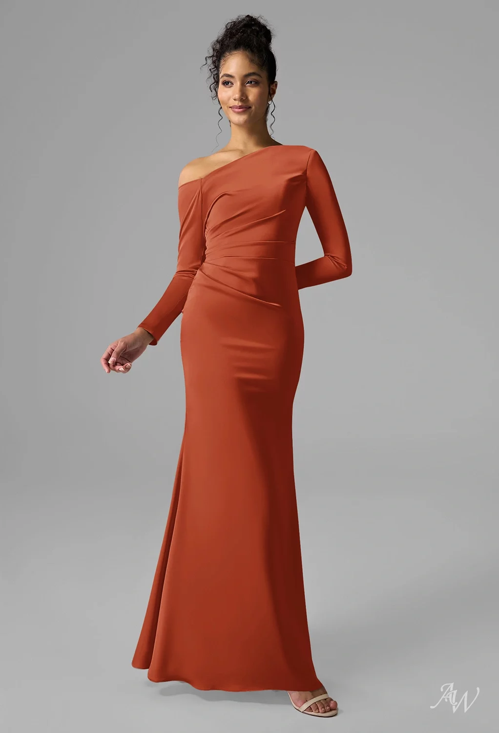 AW.Bridal Mermaid One Shoulder Floor Length Satin Long Bridesmaid Dresses Dress Tangerine Size 16