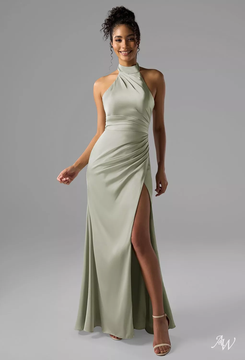 turtleneck bridesmaid dress AW.Bridal Mermaid Floor Length Sleeveless Satin Ruching Split Long Dresses Sage Green Plus Size 16 Size:36/38 Summer/Summer/Fall style-blouse HOMBOM Womens Summer Dresses