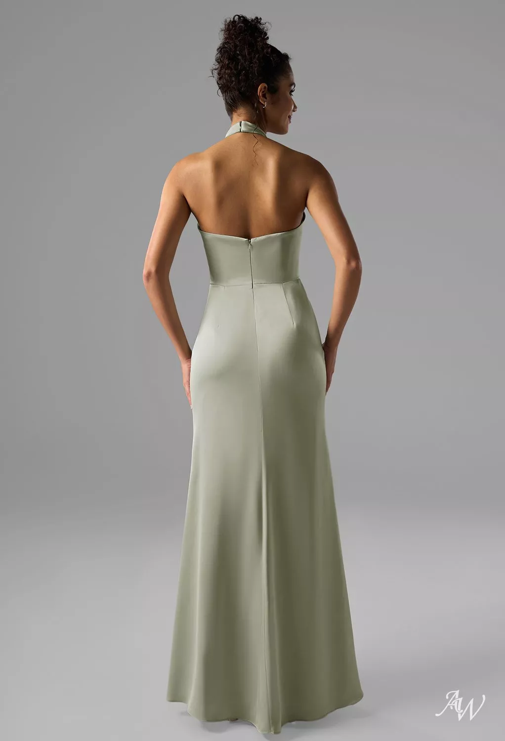 AW.Bridal Mermaid Turtleneck Floor Length Sleeveless Satin Ruching Split Long Bridesmaid Dresses Dress Sage Green Plus Size 16