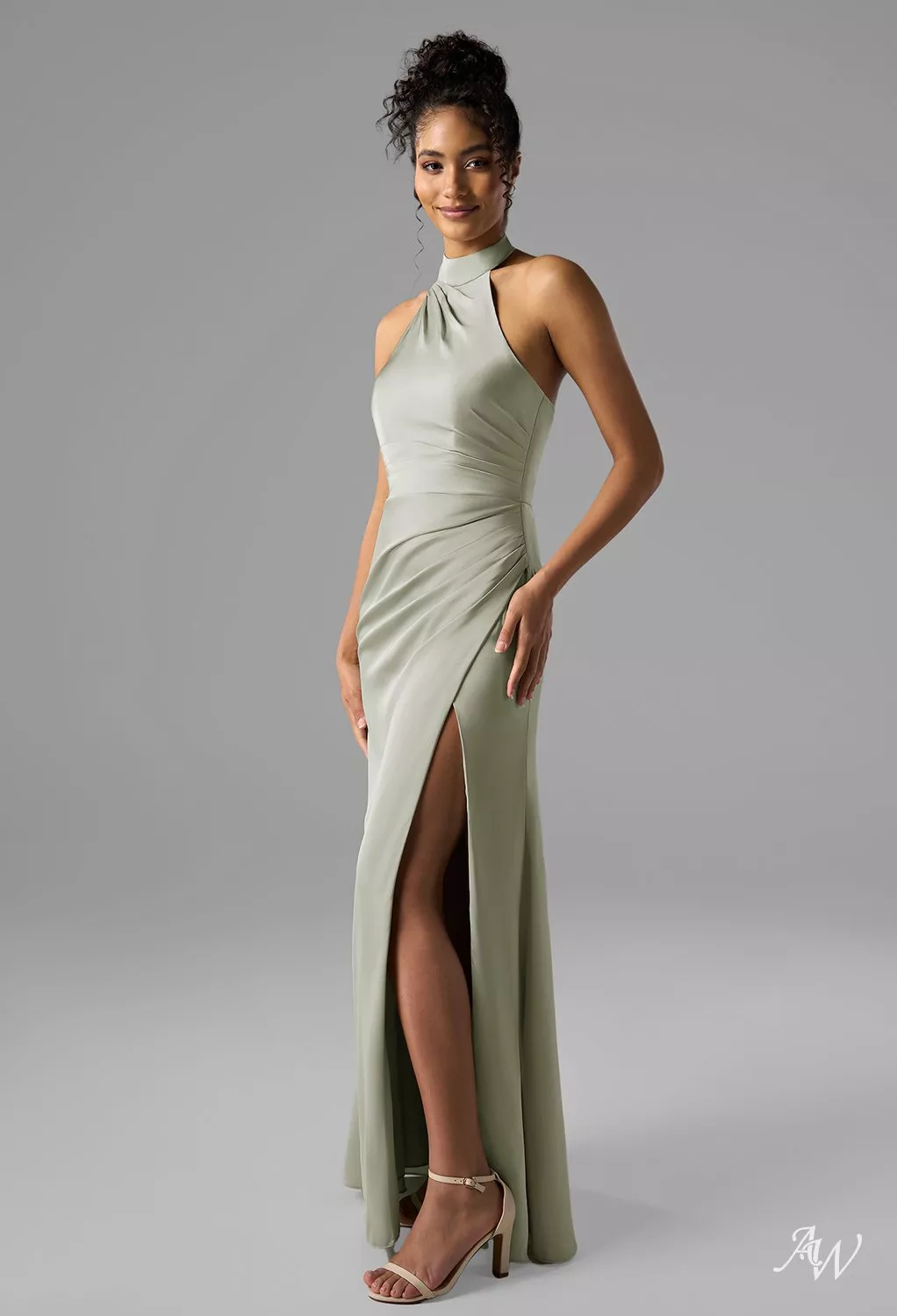 gray green dress AW.Bridal Mermaid Turtleneck Floor Length Sleeveless Satin Ruching Split Long Bridesmaid Dresses Sage Plus Size 16 mother of the bdee dress