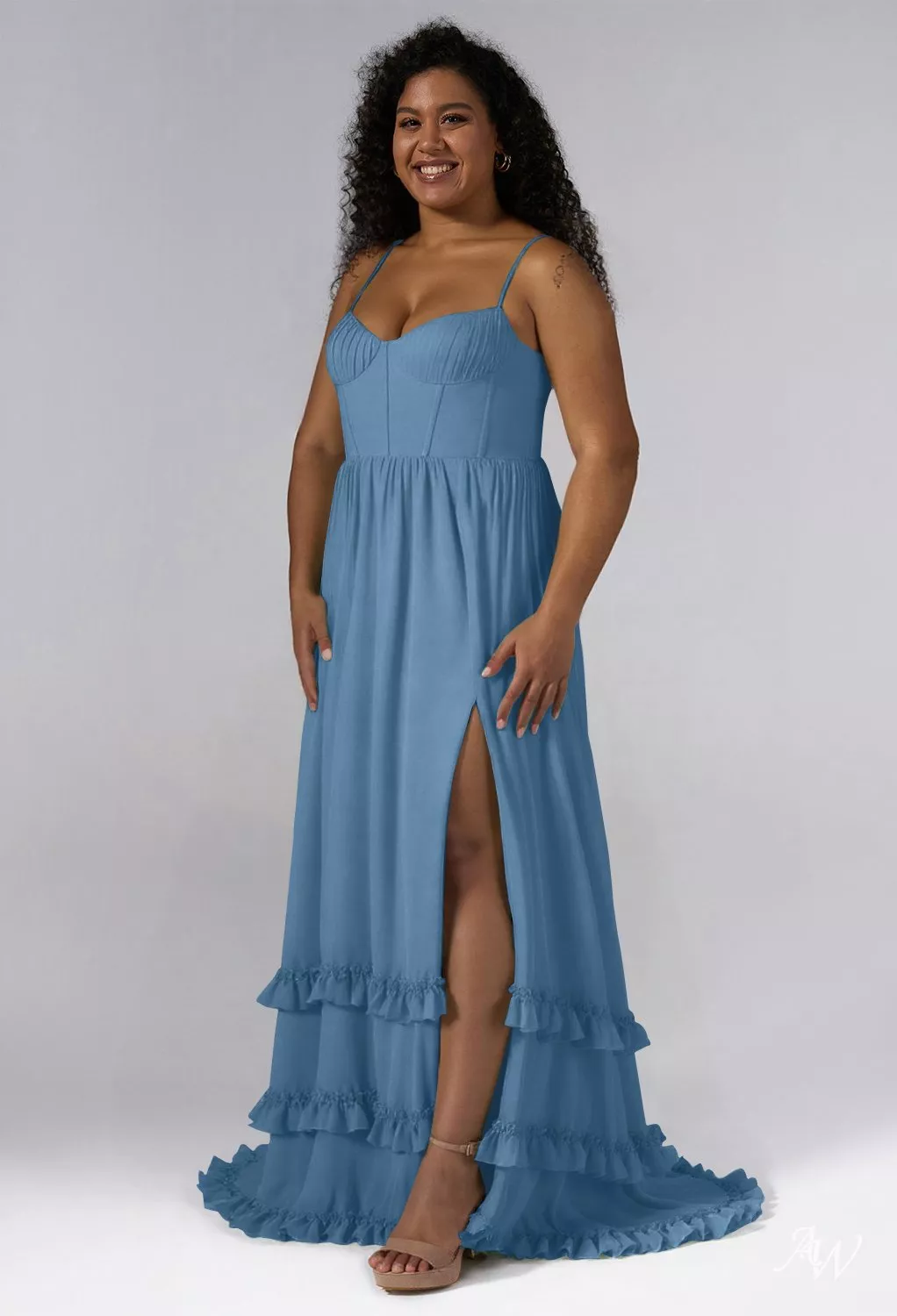 blue fall bridesmaid dresses AW.Bridal A-line V-Neck Floor Length Sleeveless Spaghetti Straps Corset Ruching Ruffles Split Long Dress Dusty Size 4 Size:Short goth clothing Bamans Dress Pants Women Chiffon Hemline