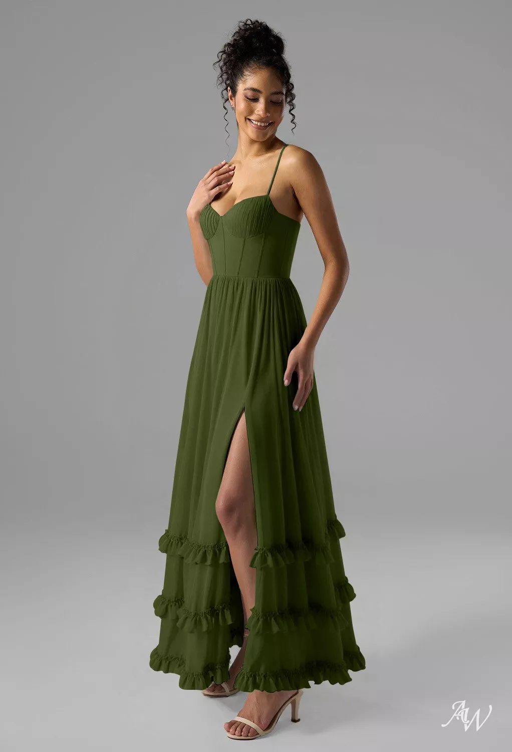 AW.Bridal A-line V-Neck Floor Length Sleeveless Spaghetti Straps Corset Ruching Ruffles Split Plus Size Dresses Dress Green Olive Plus Size 16