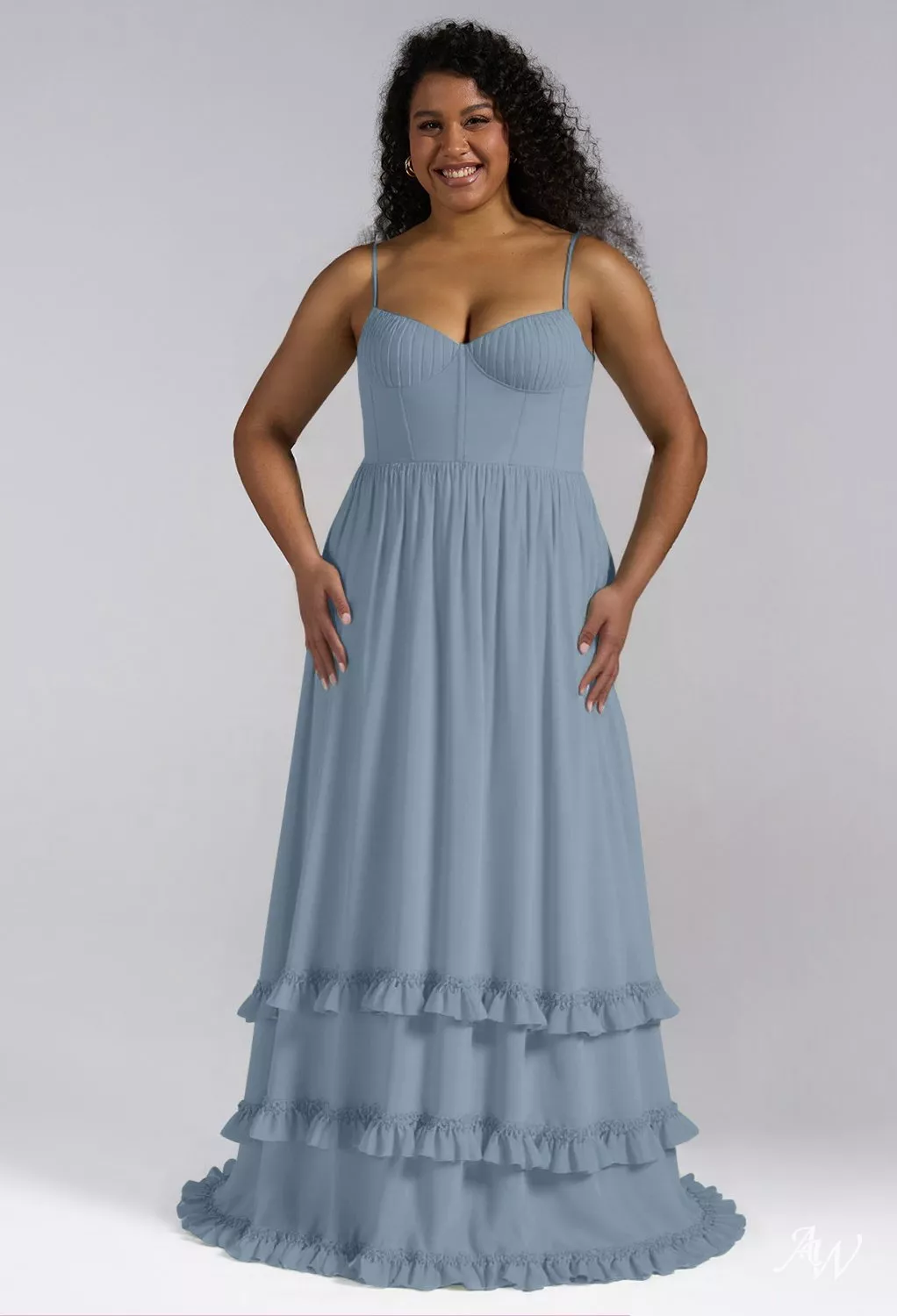 AW.Bridal A-line V-Neck Floor Length Sleeveless Spaghetti Straps Corset Ruching Ruffles Split Plus Size Dresses Dress Light Dusty Blue Plus Size 16