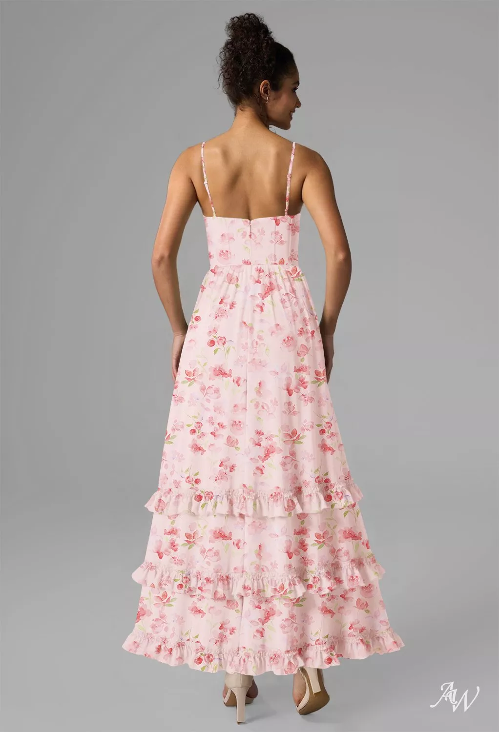 AW.Bridal A-line V-Neck Sleeveless Spaghetti Straps Chiffon Corset Ruching Ruffles Split Floral Bridesmaid Dresses Peach Blossom Breeze Plus Size 16
