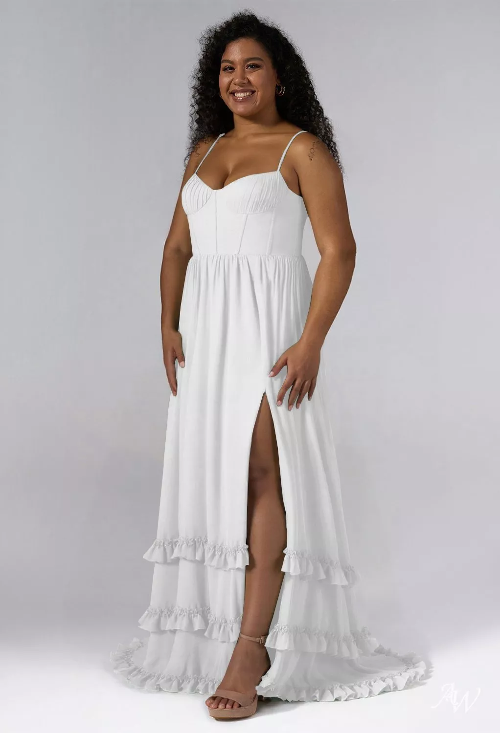 AW.Bridal A-line V-Neck Floor Length Sleeveless Spaghetti Straps Corset Ruching Ruffles Split Long Bridesmaid Dresses Dress White Size 6