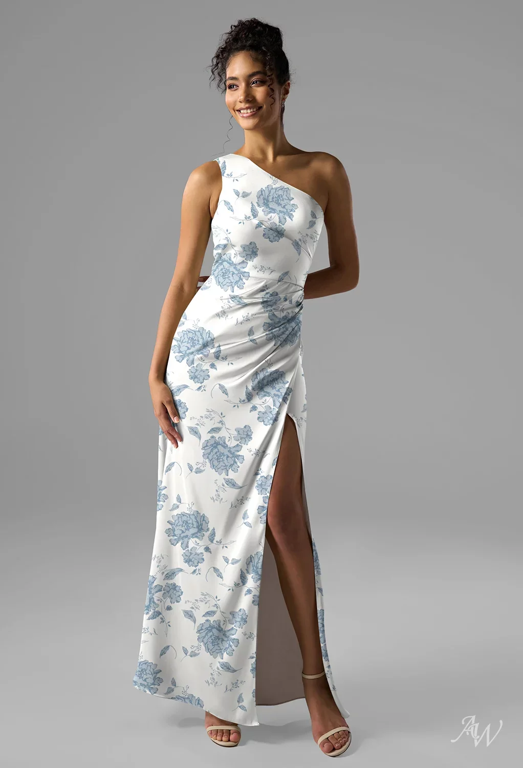 open lace back dress Wedtrend Women Dusty Blue Convertible Long Bridesmaid Dress with Streamer Sheath One-Shoulder Satin Formal Dress, Dusty Blue / US18W main image 0