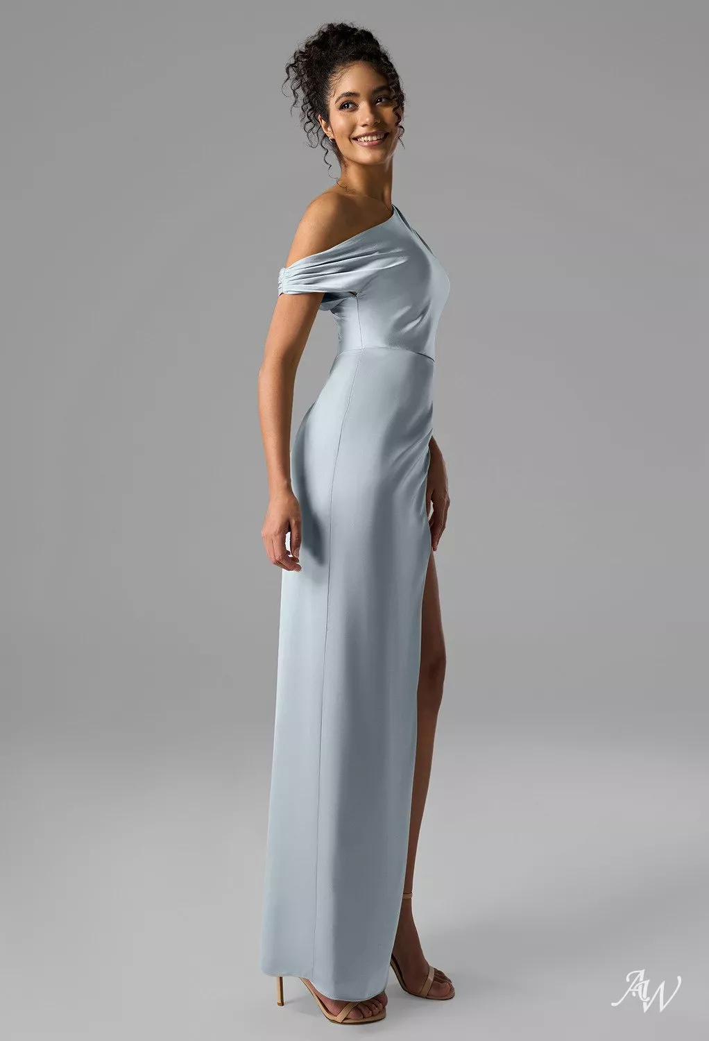 AW.Bridal Column One Shoulder Floor Length Sleeveless Satin Ruching Split Wedding Guest Dresses Dress Baby Blue Size 6