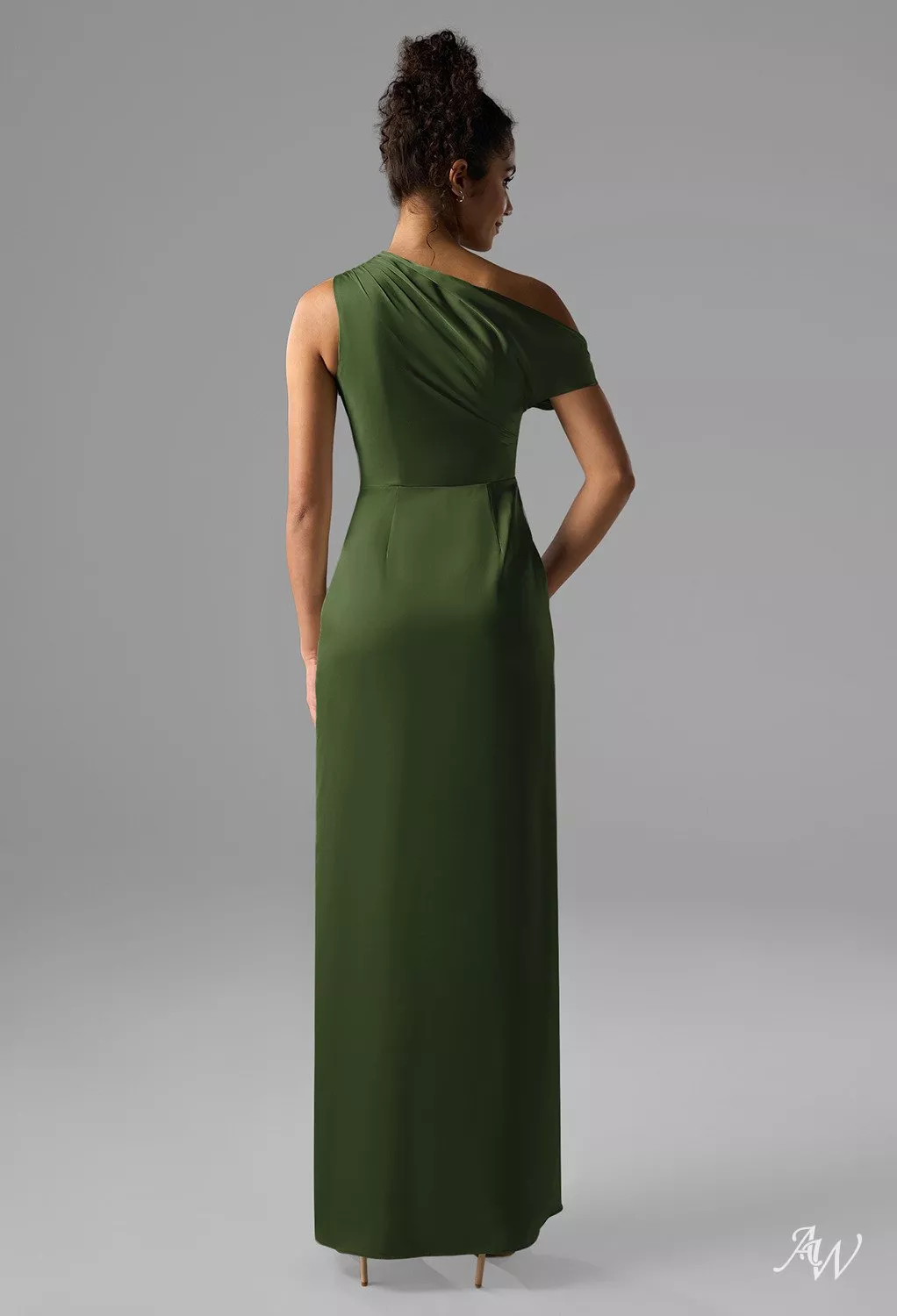 AW.Bridal Column One Shoulder Floor Length Sleeveless Satin Ruching Split Wedding Guest Dresses Dress Green Olive Size 8
