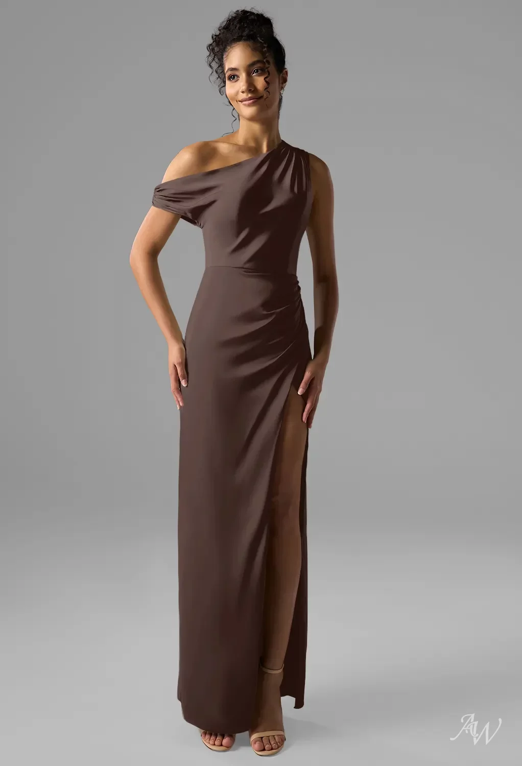AW.Bridal Column One Shoulder Floor Length Sleeveless Satin Ruching Split Long Bridesmaid Dresses Dress Seal Brown Size 4
