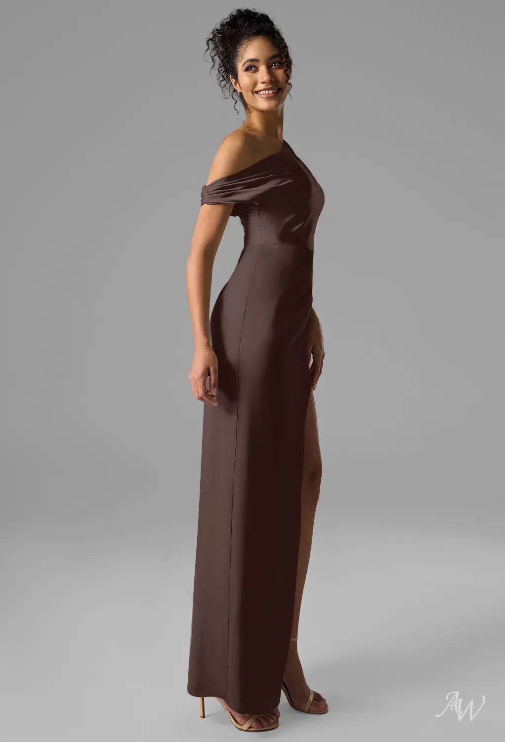 AW.Bridal Column One Shoulder Floor Length Sleeveless Satin Ruching Split Long Bridesmaid Dresses Dress Seal Brown Size 4