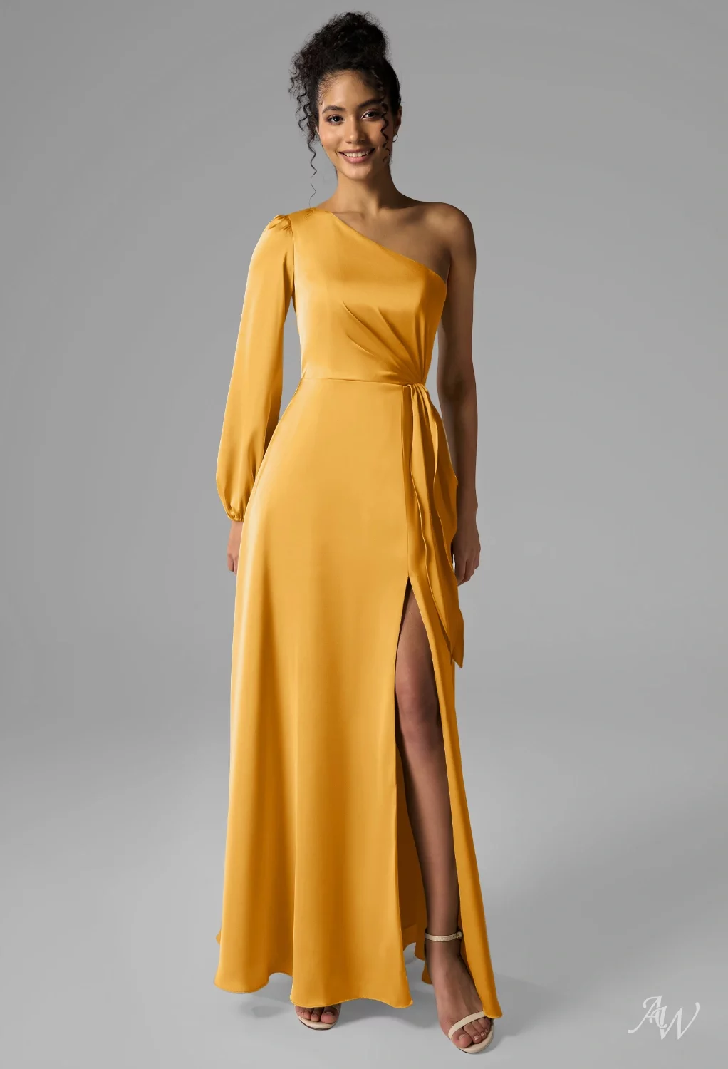 AW.Bridal A-Line One Shoulder Floor Length Satin Ruching Split Long Bridesmaid Dresses Dress Mango Size 16