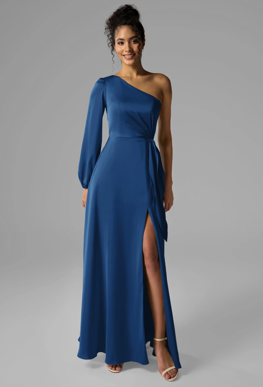 open lace back dress Berylove Women Grey Blue Mother of The Bride Dress Satin A Line Pleated One Shoulder Maxi Wedding Guest Dress with Shawl, Burgundy / US10 main image 1