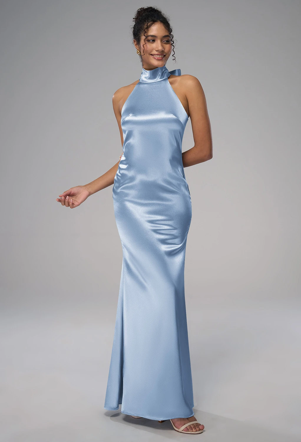 mock neck bridesmaid dress Dark Green Satin Bridesmaid Dresses Tea-Length High Neck Sleeveless St