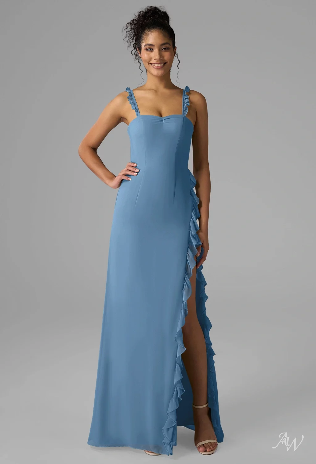 AW.Bridal A-line Sweetheart Neckline Floor Length Sleeveless Spaghetti Straps Ruffles Split Long Bridesmaid Dresses Dress Dusty Blue Size 4