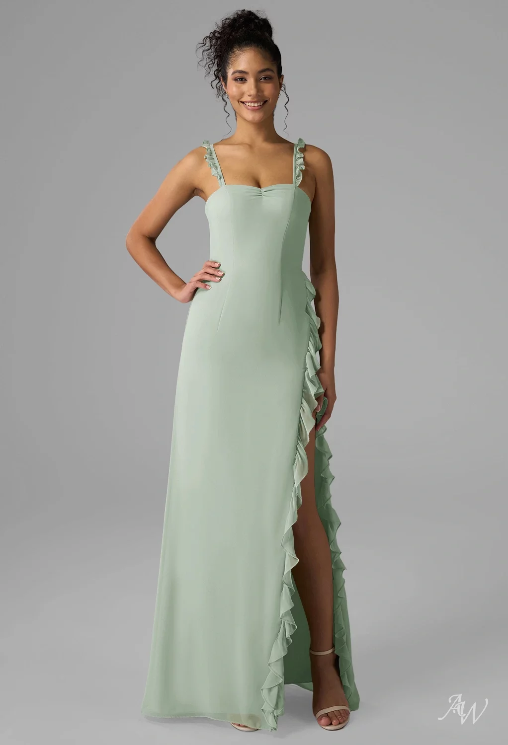forest green dresses for wedding Spaghetti Straps Dusty Sage Chiffon High Slit Dress – Lisposa main image 0