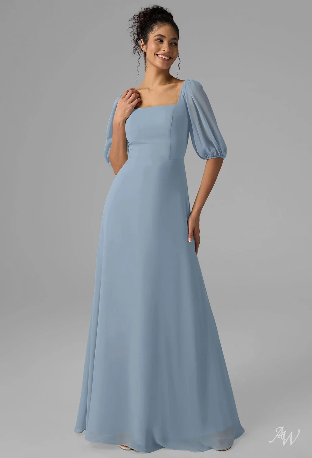 dusty blue dress for wedding Iris Gown – Dusty Blue Floral Embroidered Wedding Dress with Square Ne –  Fleur&Grace Designs main image 1