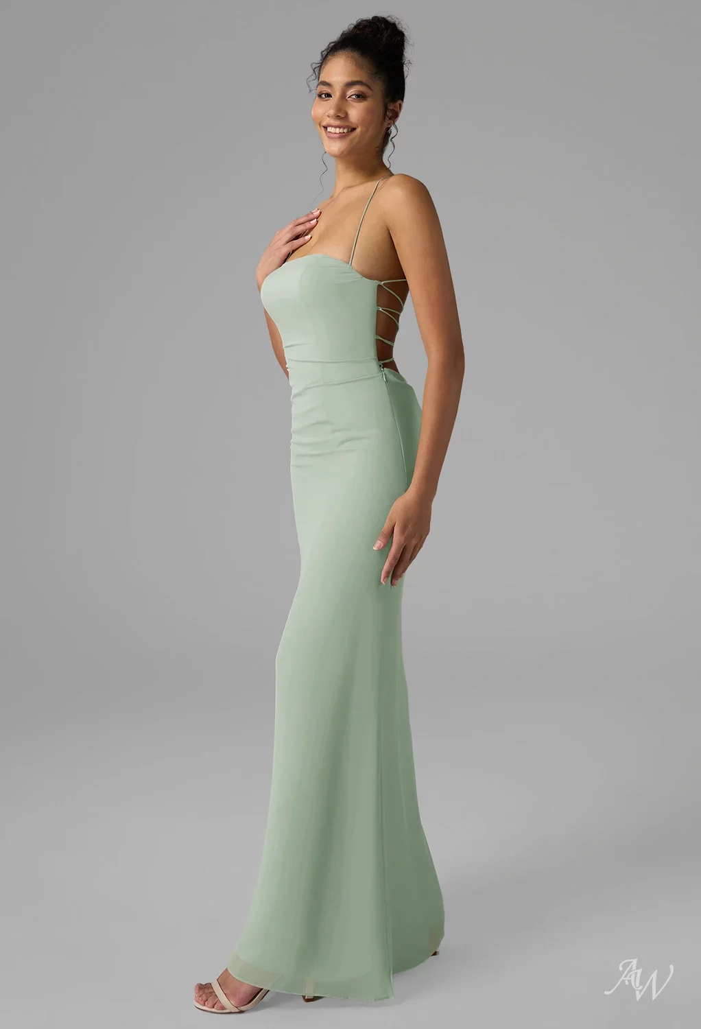 AW.Bridal A-line Straight Neckline Floor Length Sleeveless Spaghetti Straps Backless Long Bridesmaid Dresses Dress Sage Green Size 6