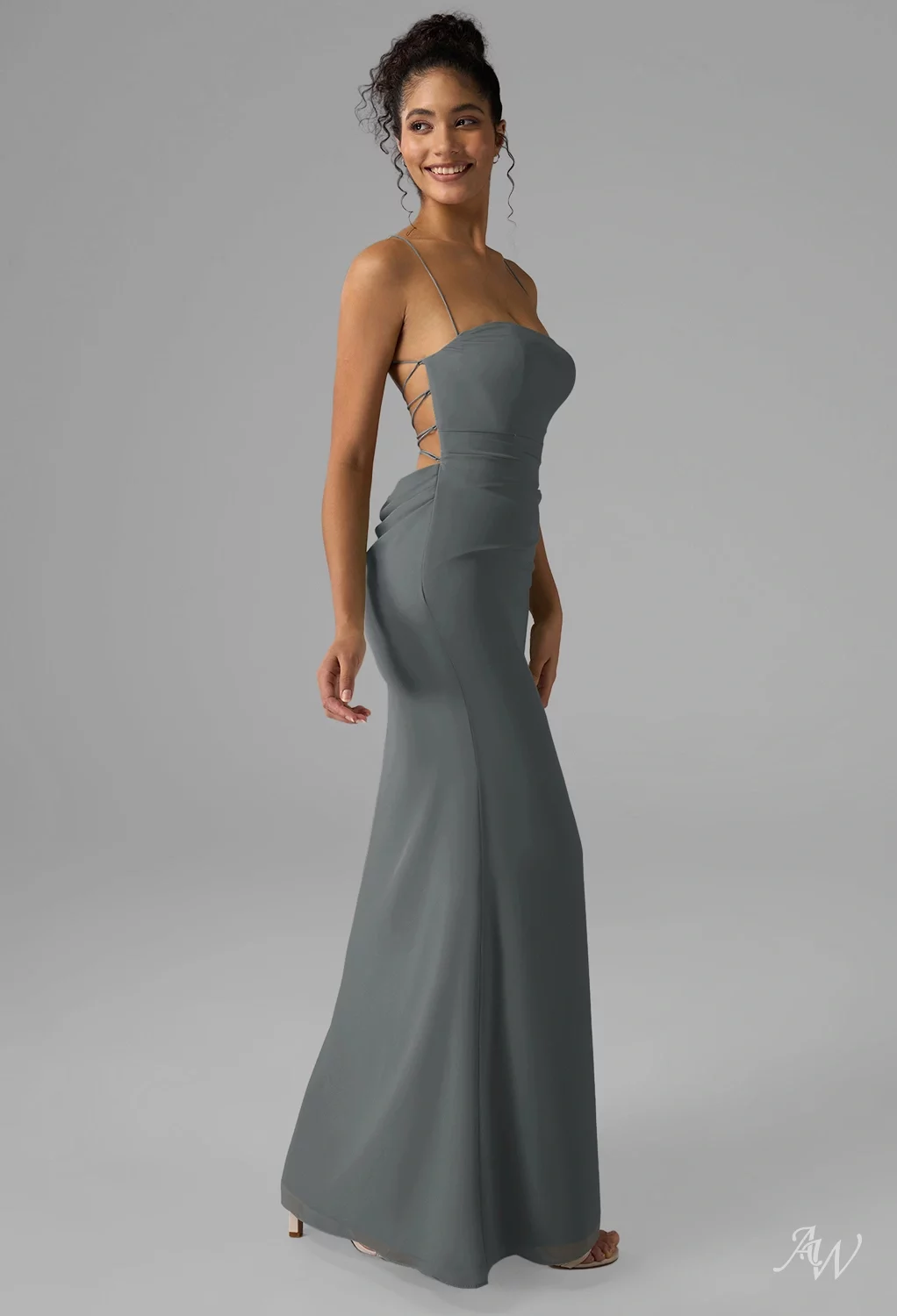 AW.Bridal A-line Straight Neckline Floor Length Sleeveless Spaghetti Straps Backless Long Bridesmaid Dresses Dress Steel Gray Size 16