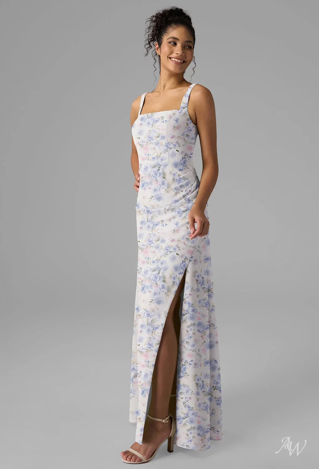 AW.Bridal A-line Square Neckline Floor Length Sleeveless Ruching Split Floral Wedding Guest Dresses Floral Dress Azure Purple Print Size 18
