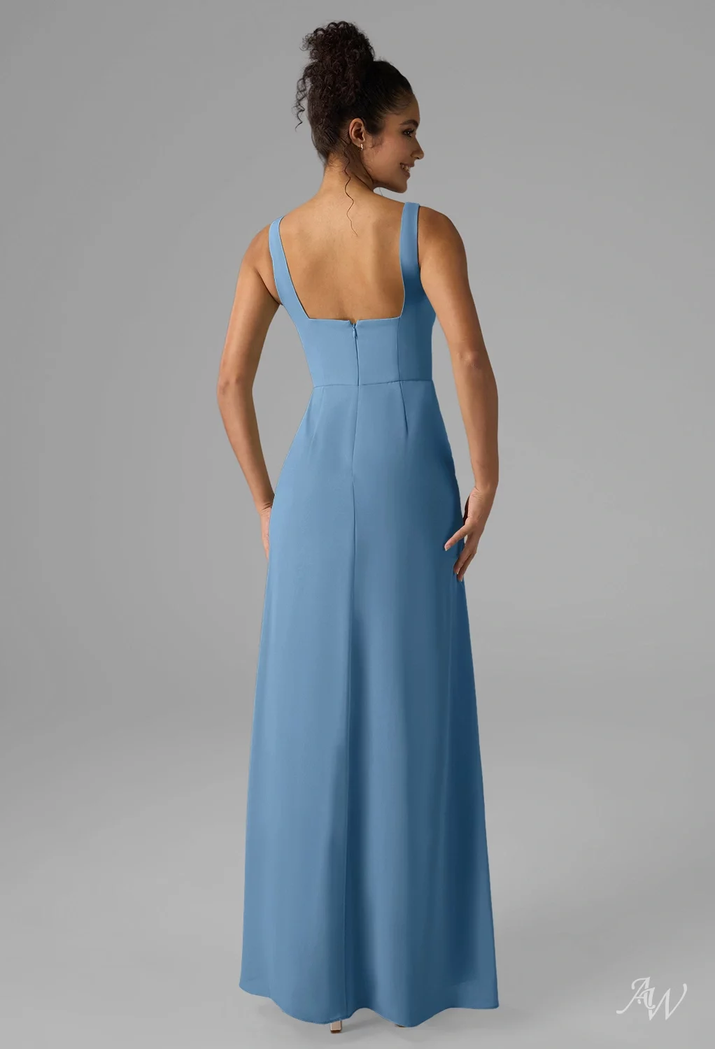 AW.Bridal A-line Square Neckline Floor Length Sleeveless Chiffon Ruching Split Wedding Guest Dresses Dusty Blue Size 8