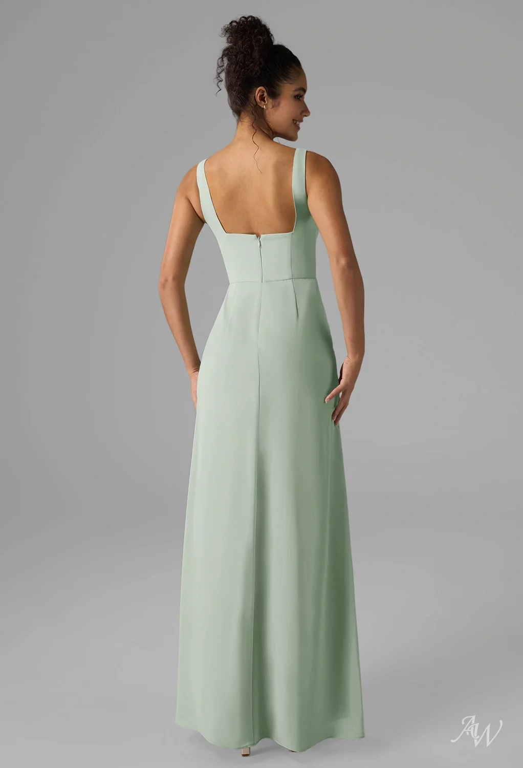 AW.Bridal A-Line Square Neckline Floor Length Sleeveless Ruching Split Wedding Guest Dresses Dress Sage Green Size 8