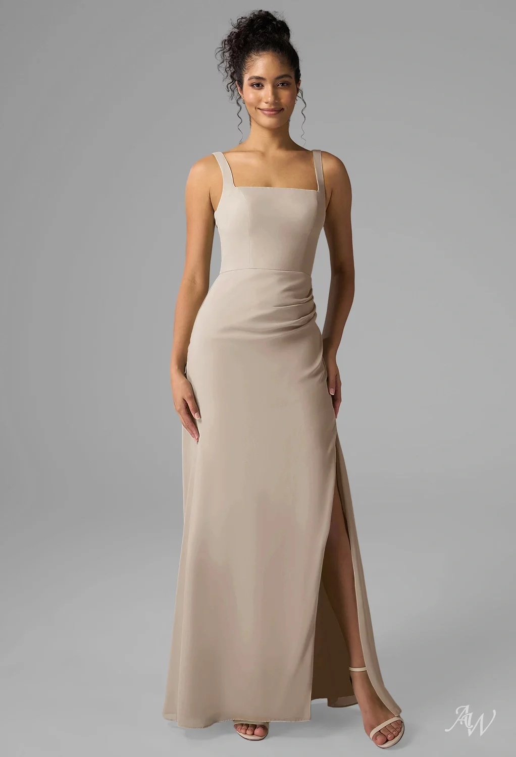 AW.Bridal A-Line Square Neckline Floor Length Sleeveless Ruching Split Wedding Guest Dresses Dress Taupe Size 8