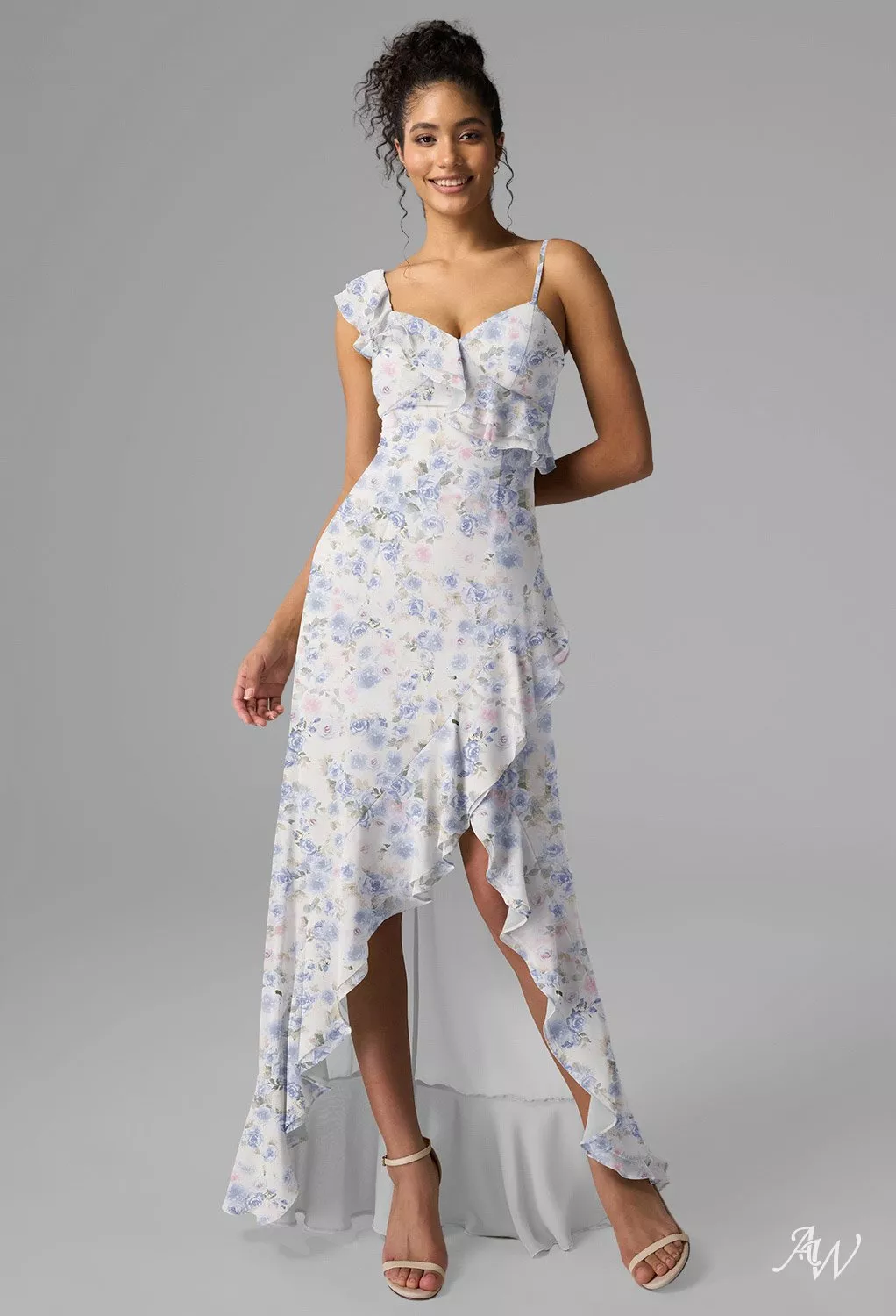 AW.Bridal A-line V-Neck Hi Lo Sleeveless Spaghetti Straps Chiffon Ruffles Floral Bridesmaid Dresses Azure Purple Print Size 8