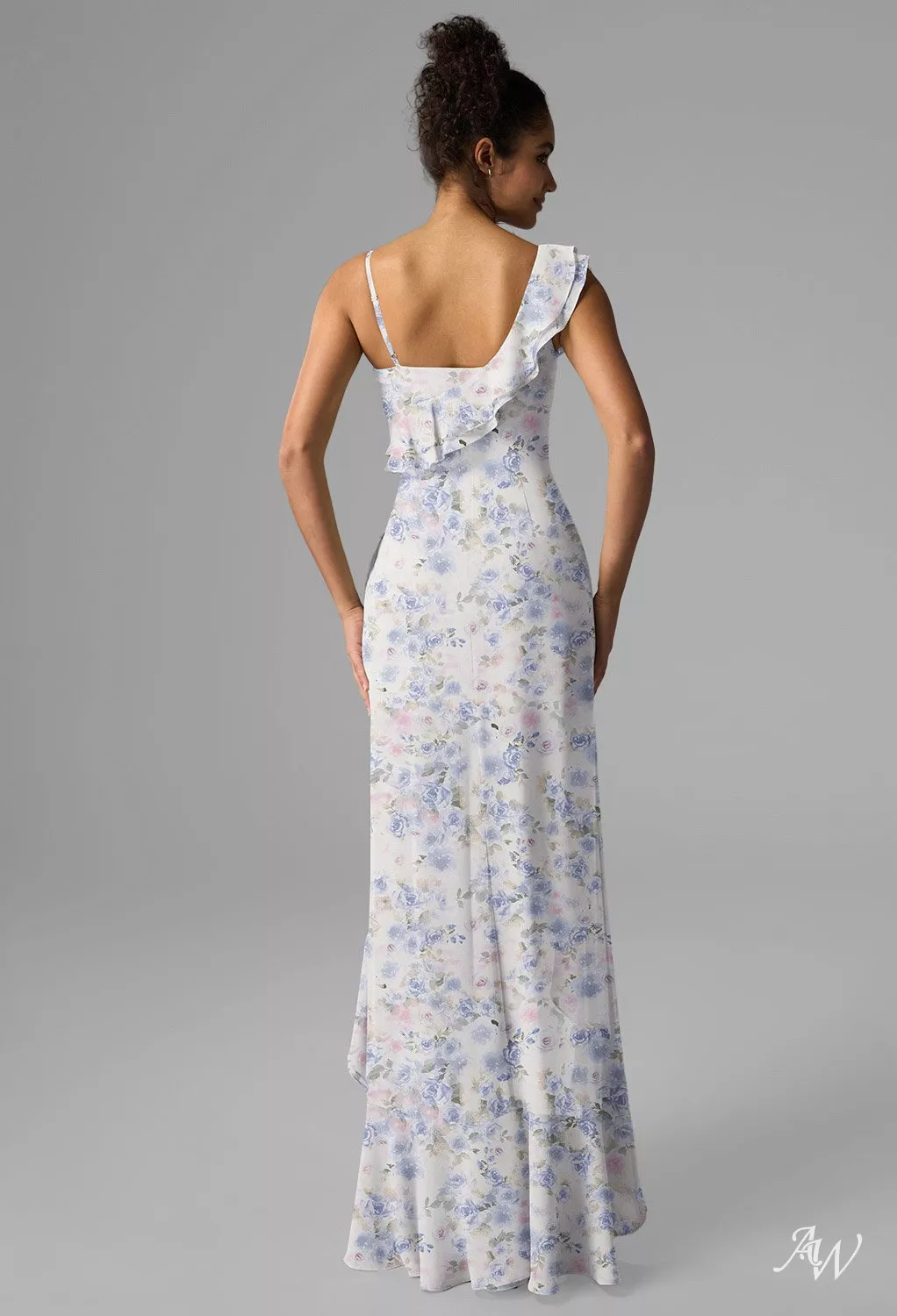 fitted lace wedding dress Wedtrend Women Grey Purple Rose Print Bridesmaid Dress with Ruffles A-Line Cut Out Long Wedding Guest Dress, Grey Purple / US8 main image 1