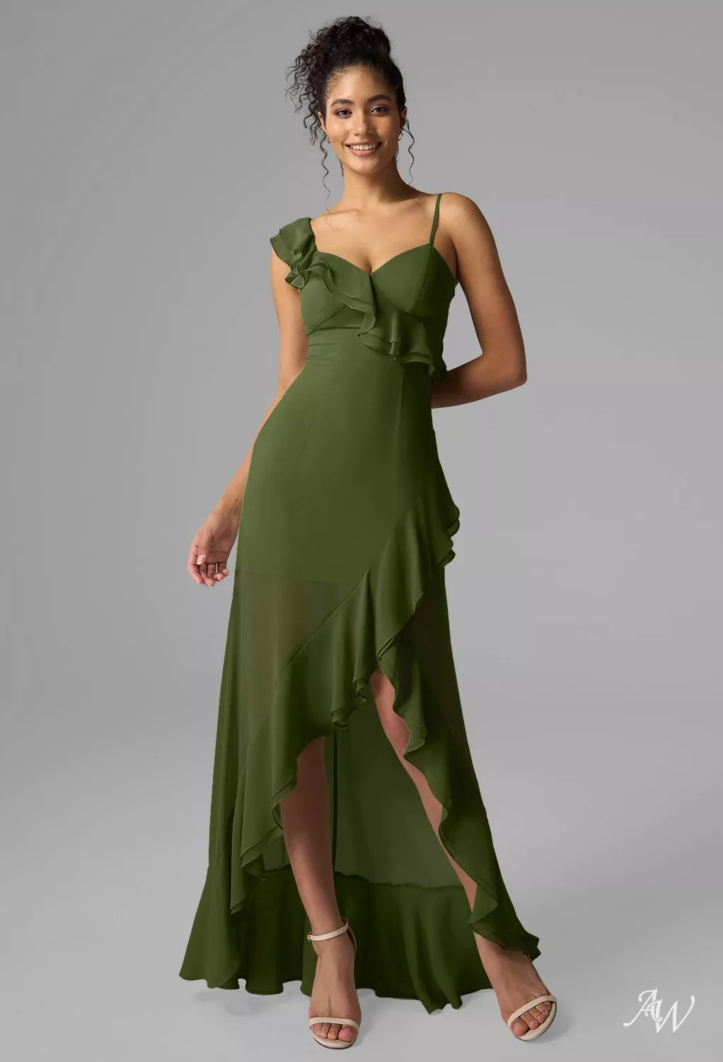 strapless open back dress Olive Green Spaghetti Straps Pearl Wedding Guest Dress with Split main image 1