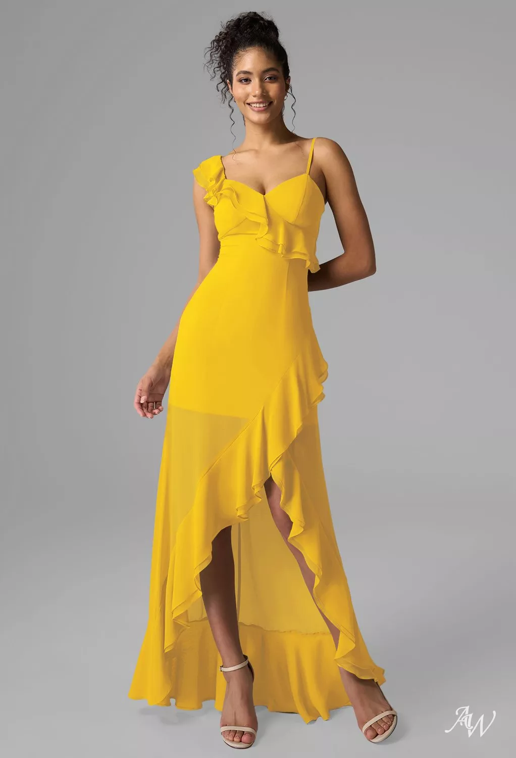 yellow high low bridesmaid dresses AW.Bridal A-line V-Neck Hi Lo Sleeveless Spaghetti Straps Ruffles Short Dress Mustard Size 18 924 up back ensures the Showcase of party wear Color:Brown color