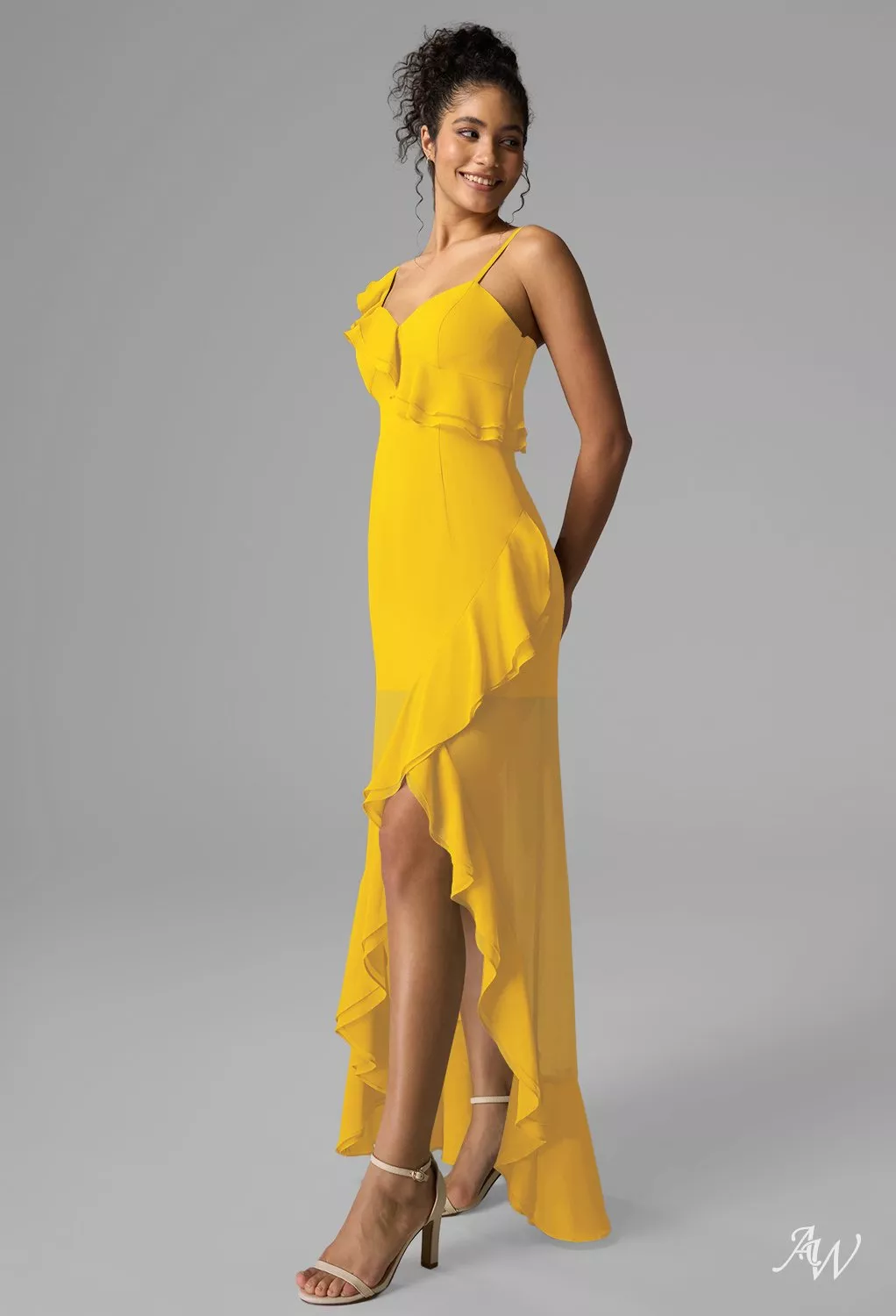 yellow high low bridesmaid dresses AW.Bridal A-line V-Neck Hi Lo Sleeveless Spaghetti Straps Ruffles Short Dress Mustard Size 18 offering a flattering and
