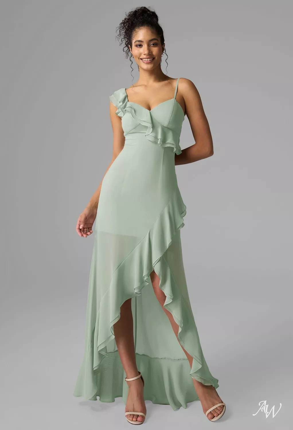 AW.Bridal A-Line V-Neck Hi Lo Sleeveless Spaghetti Straps Ruffles Wedding Guest Dresses Dress Sage Green Size 8