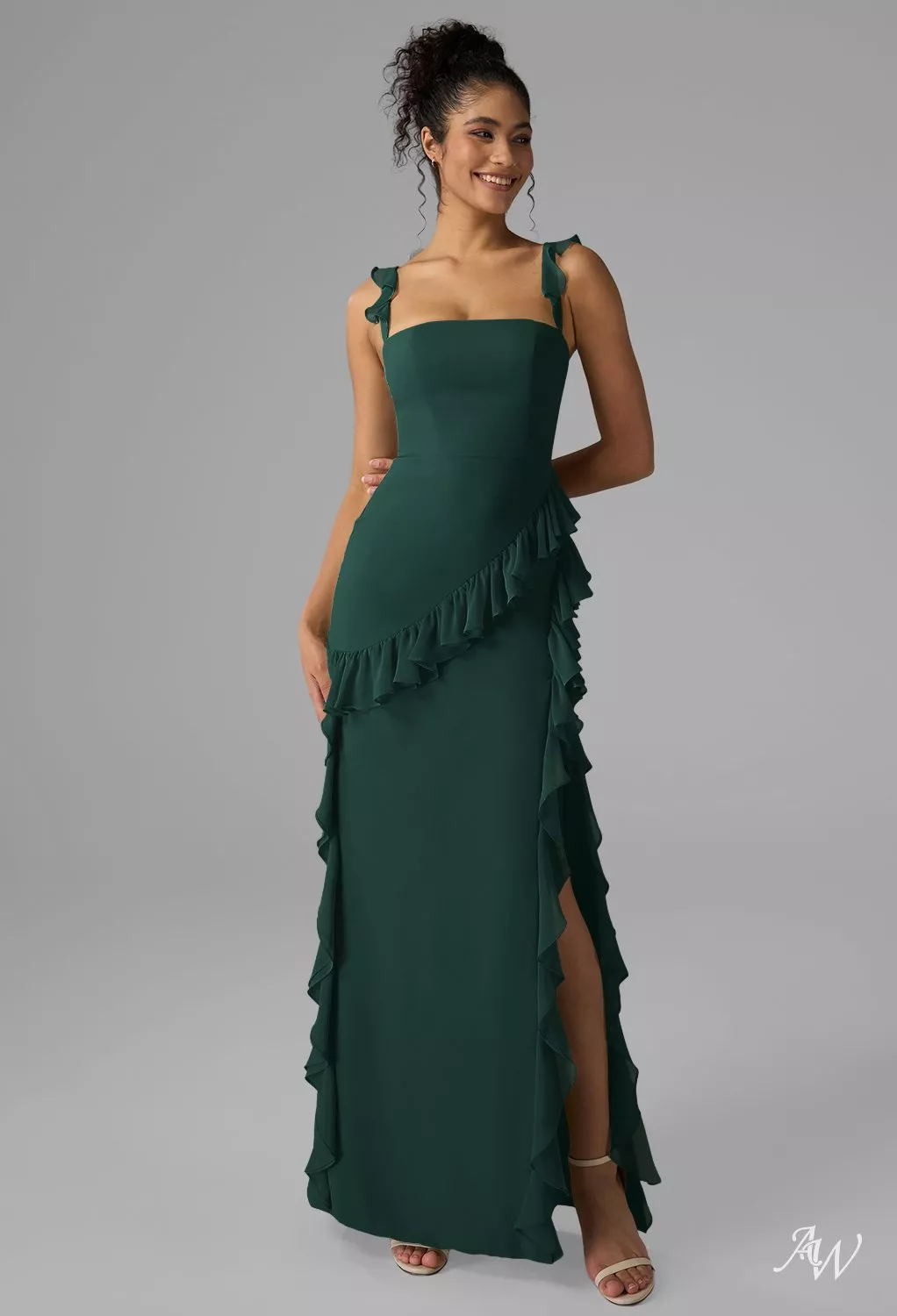 deep emerald green dress AW.Bridal A-line Square Neckline Floor Length Sleeveless Spaghetti Straps Ruffles Split Wedding Guest Dresses Dark Size 4 apply restocking fee
