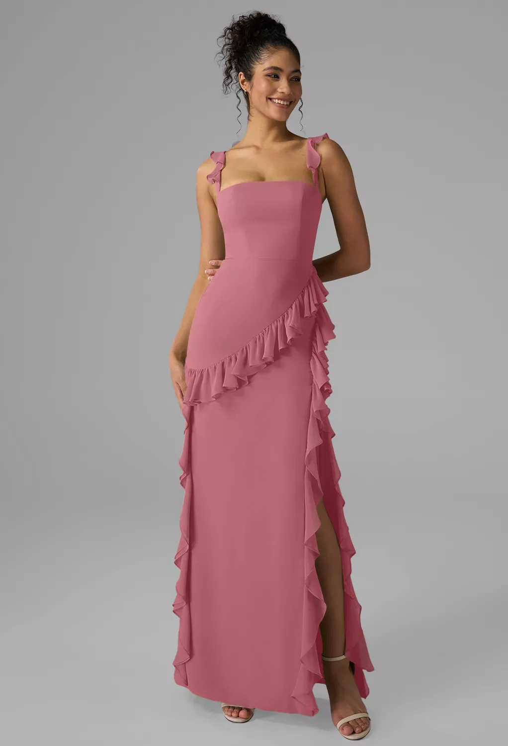 lace pink bridesmaid dresses Embroidered Lace Deep V-Neck A-line Irregular Bridesmaid Dress
