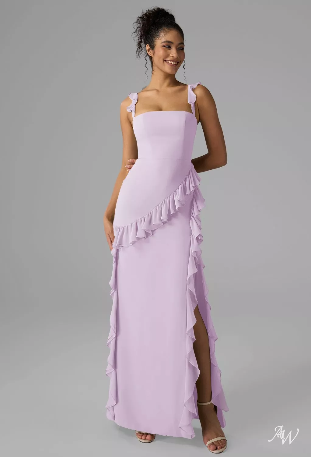 AW.Bridal A-Line Square Neckline Floor Length Sleeveless Spaghetti Straps Chiffon Ruffles Long Bridesmaid Dresses Lilac Plus Size 18 AW Jaydon Lilac Bridesmaid Dresses | AW.Bridal
