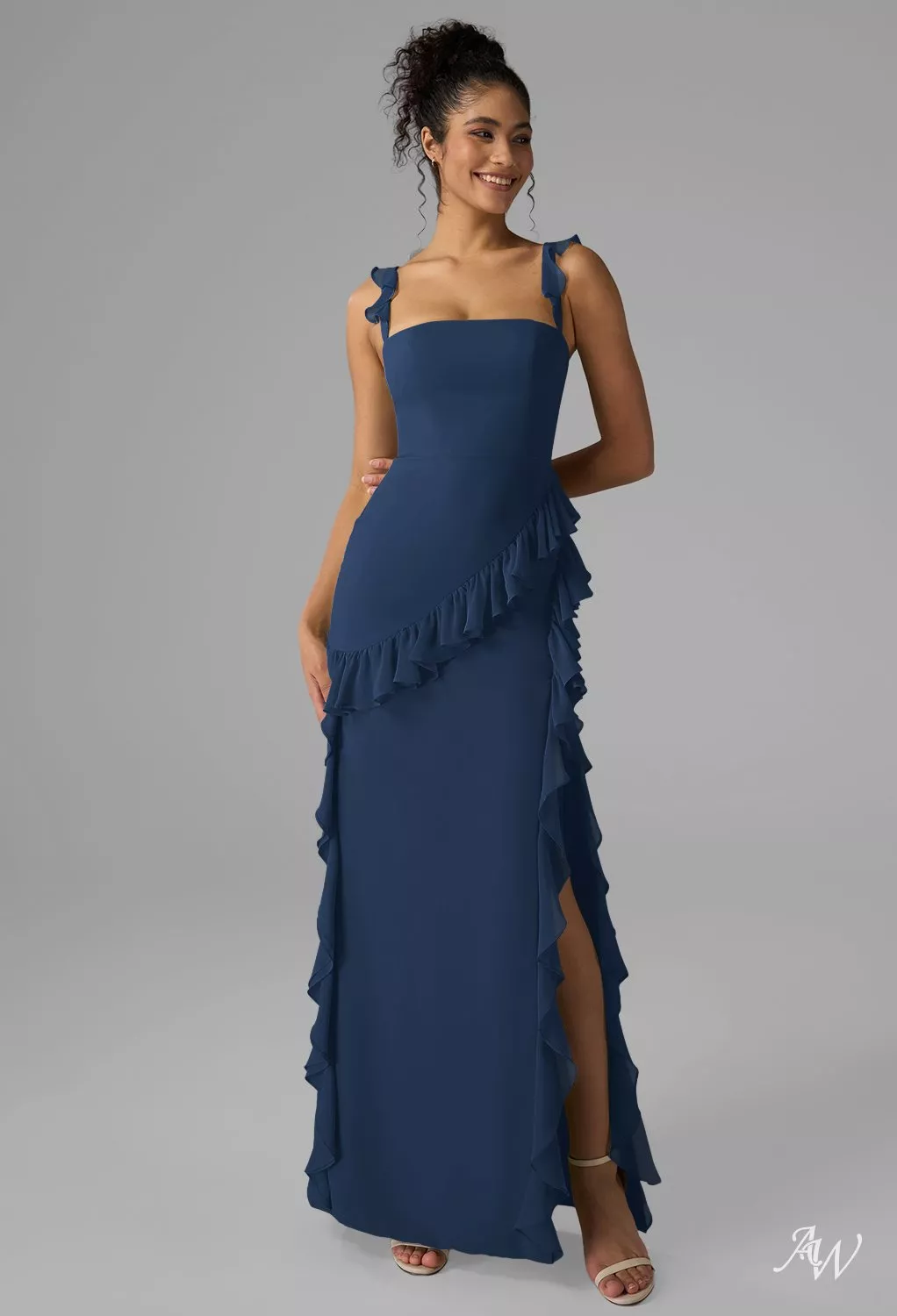 blue dress for baby girl Zapaka Women Navy Tiered Corset Bridesmaid Dress with Slit Navy Tulle A Line Wedding Party Dress, Navy / US8 main image 0