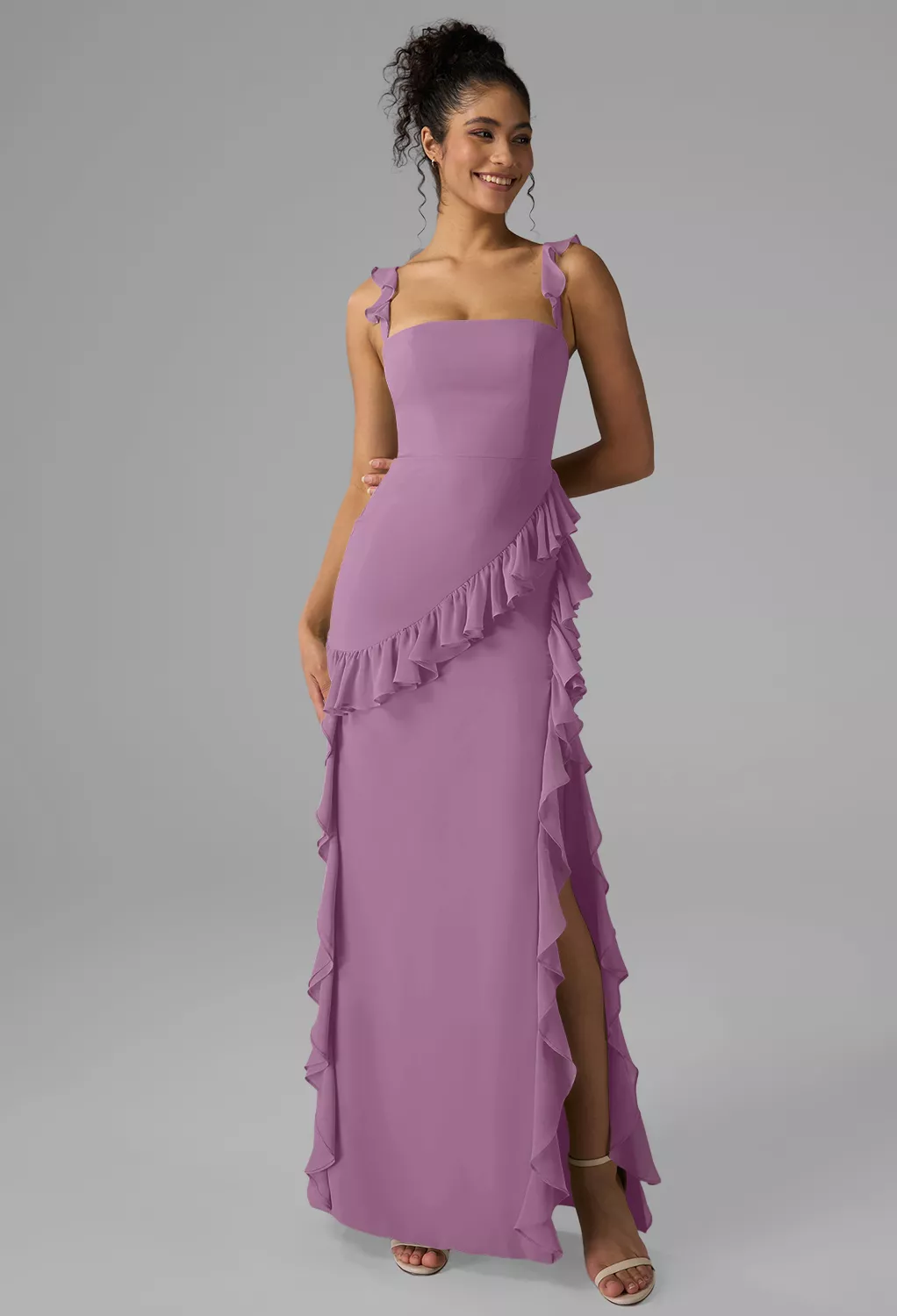 lilac wedding guest dress Glitter Purple Spaghetti Straps Wedding Guest Dress with Split main image 0