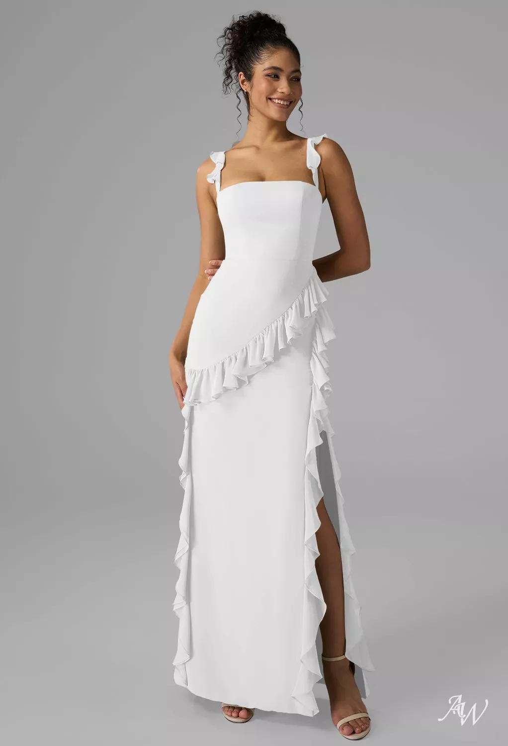 AW.Bridal A-Line Square Neckline Floor Length Sleeveless Spaghetti Straps Ruffles Split Long Bridesmaid Dresses Dress White Size 8