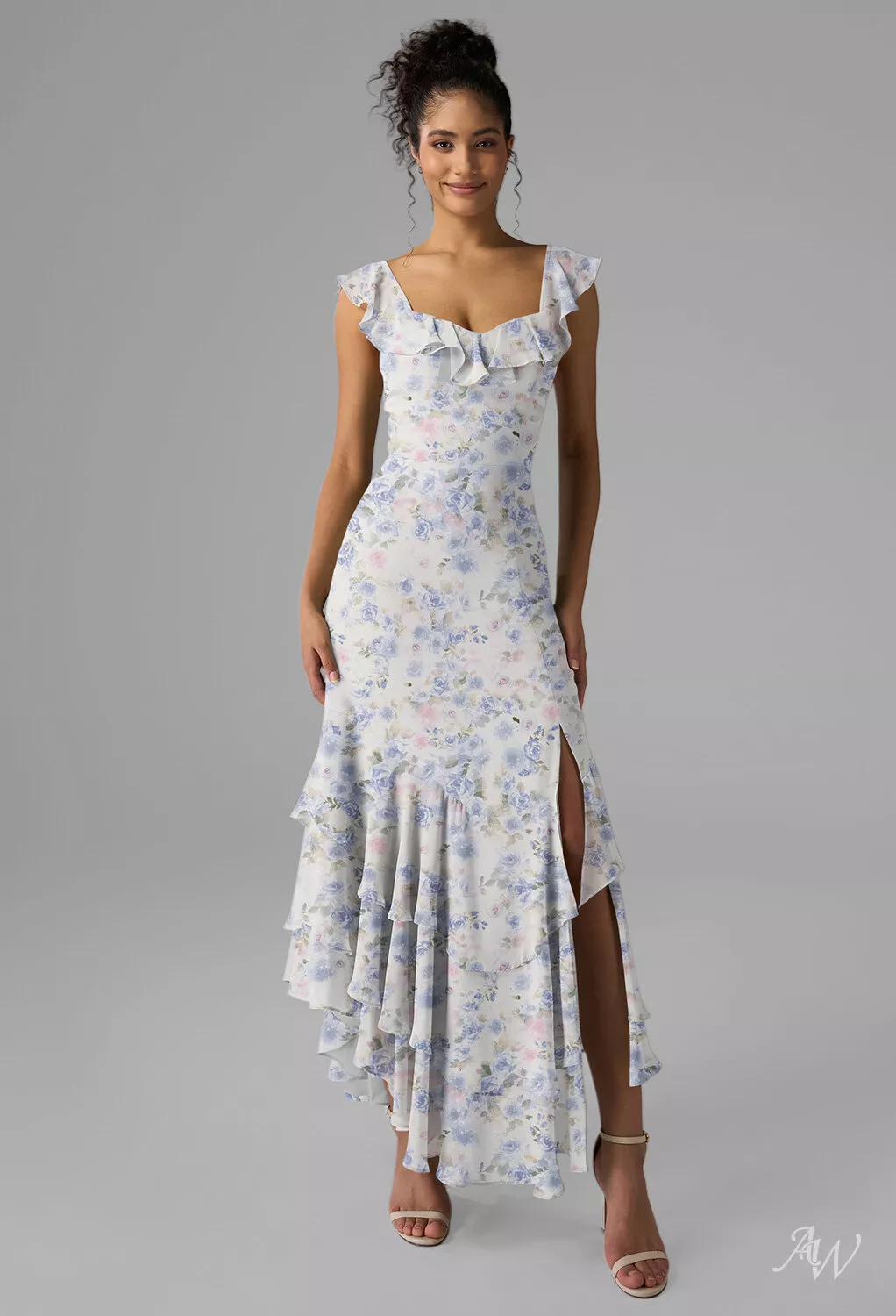 AW.Bridal A-line V-Neck Sleeveless Spaghetti Straps Ruffles Split Floral Wedding Guest Dresses Floral Dress Azure Purple Print Plus Size 18
