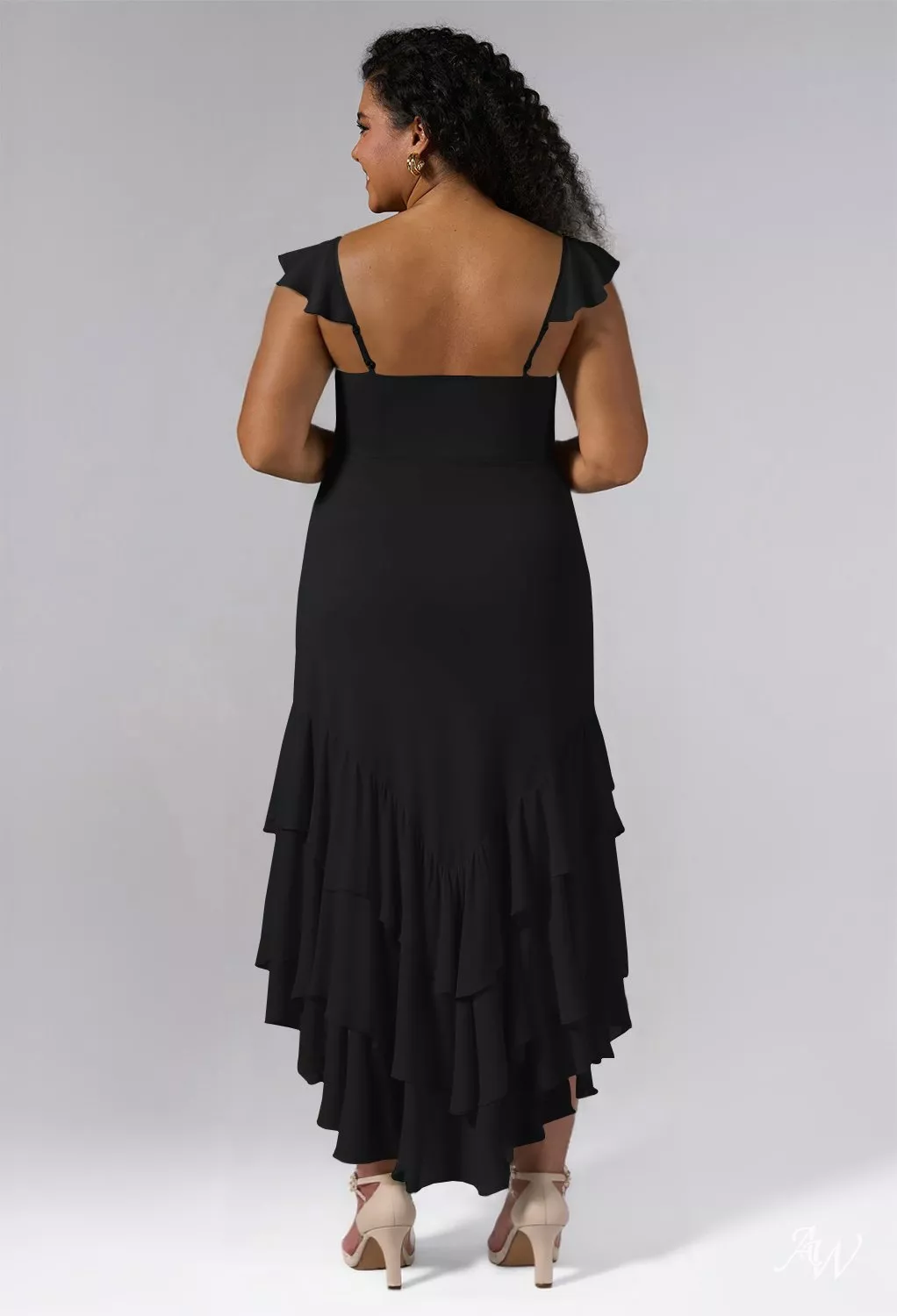 AW.Bridal A-line V-Neck Ankle Length Sleeveless Spaghetti Straps Chiffon Ruffles Split Wedding Guest Dresses Black Plus Size 18