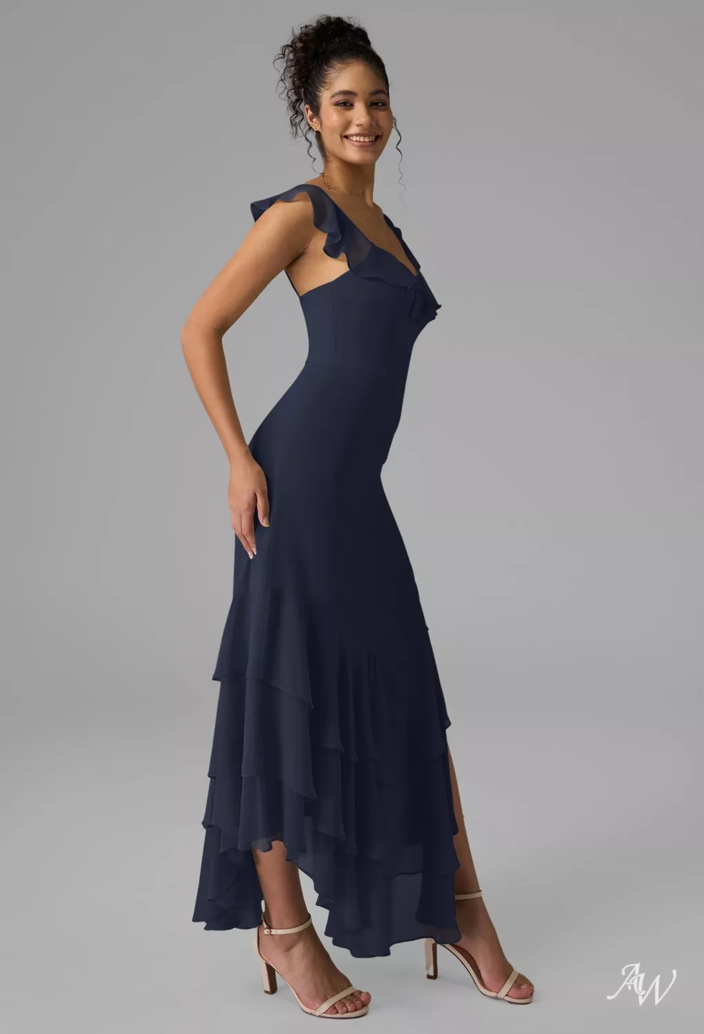 anaya formal dresses AW.Bridal A-line V-Neck Ankle Length Sleeveless Spaghetti Straps Chiffon Ruffles Split Wedding Guest Dresses Dark Navy Plus Size 18