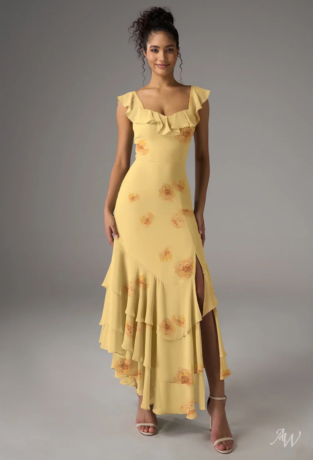 golden yellow bridesmaid dresses Spaghetti Straps Dress With Split romantic details define this chiffon bridesmaid dress KissProm Spaghetti Strap A-Line Chiffon