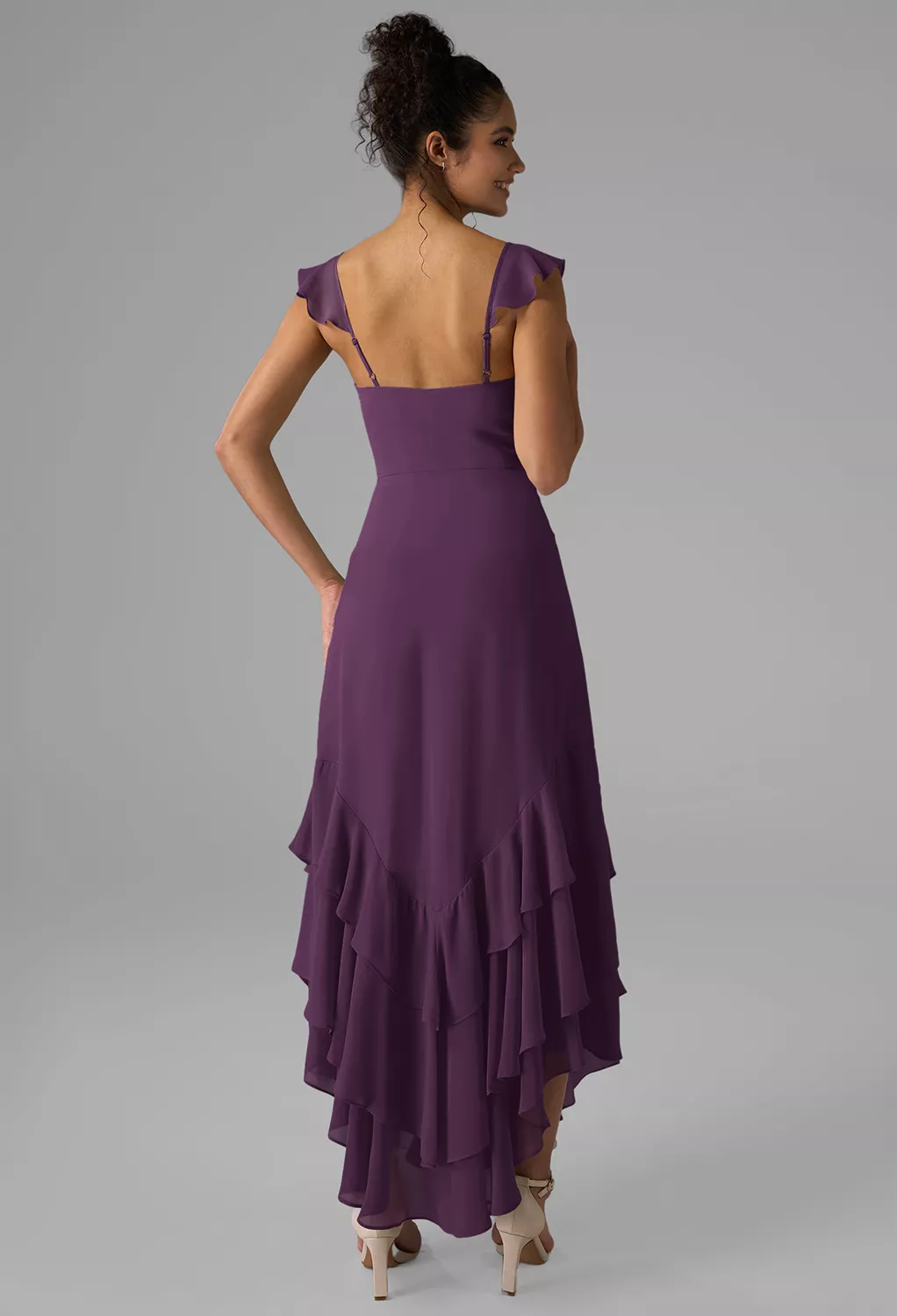 open lace back dress Anley Embellished Halter Neck Ruffle Maxi Dress in Grape